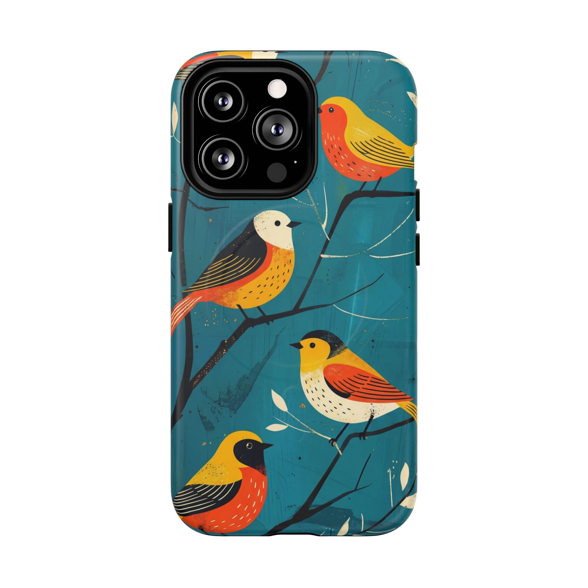Bird Pattern Tough MagSafe iPhone Case | Colourful Songbirds on Teal Background