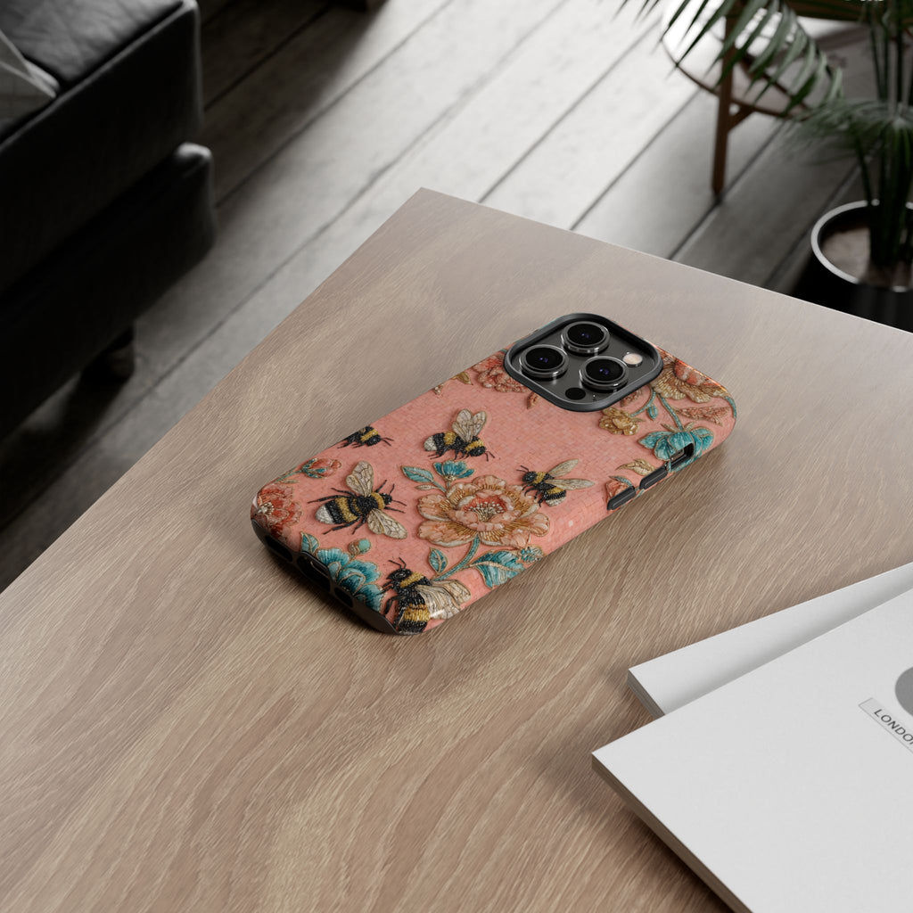 Floral Bee Tough iPhone Case | Vintage Pink Garden Protective Cover