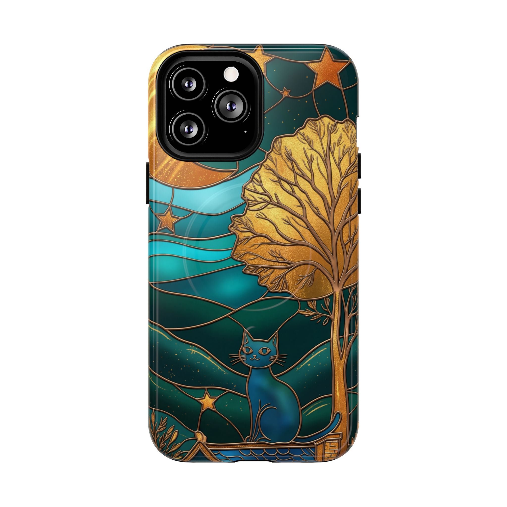 Art Nouveau Cat iPhone Case | Stained Glass Moon & Tree Tough MagSafe Case
