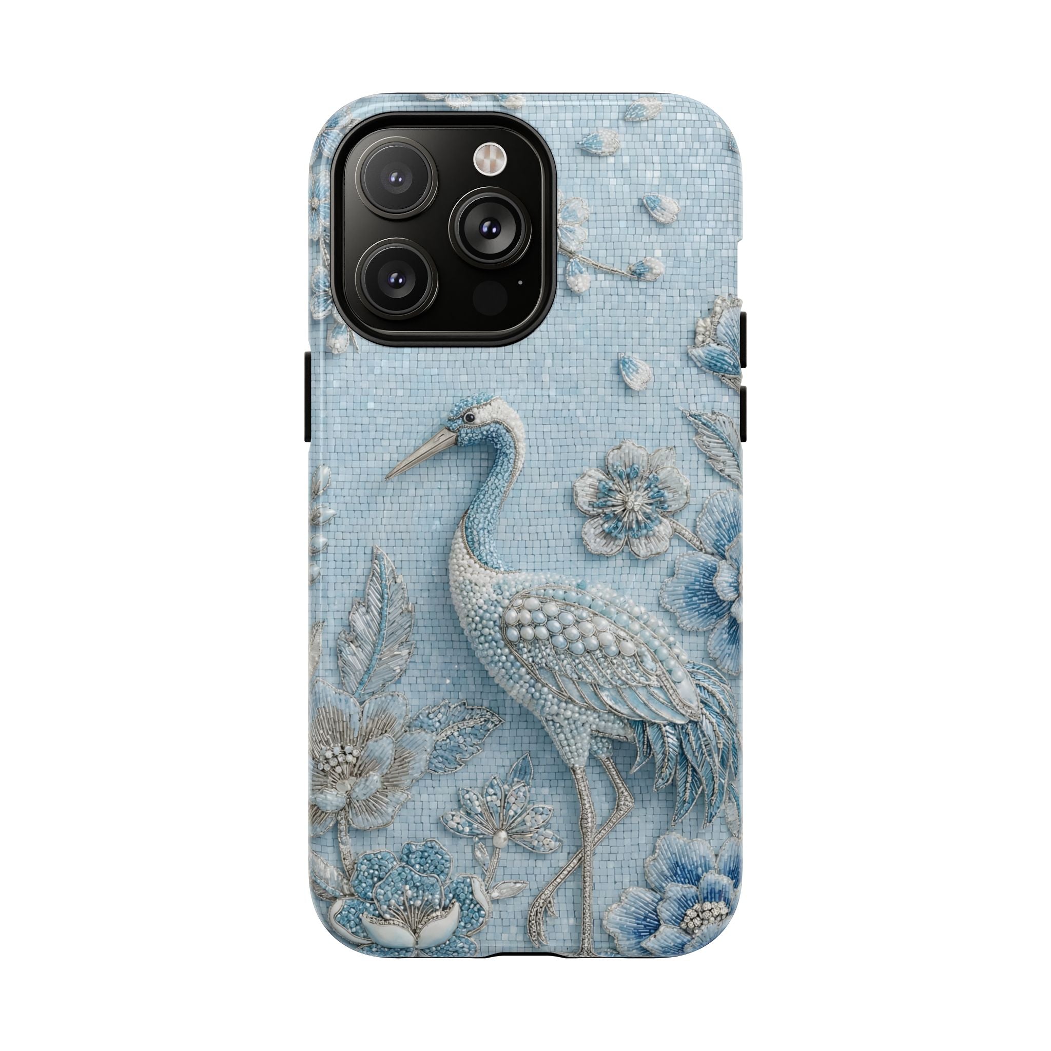 Blue Crane Floral MagSafe iPhone Case | Vintage Embossed Bird Design