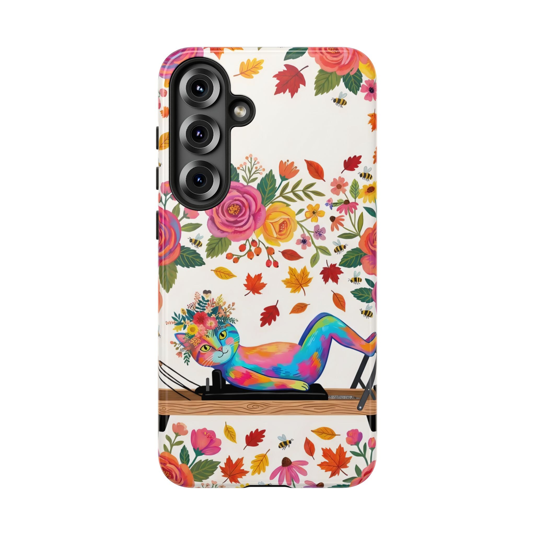 Autumn Floral Pilates Samsung Galaxy Phone Case | Colorful Rainbow Pilates Figure on Falling Leaves