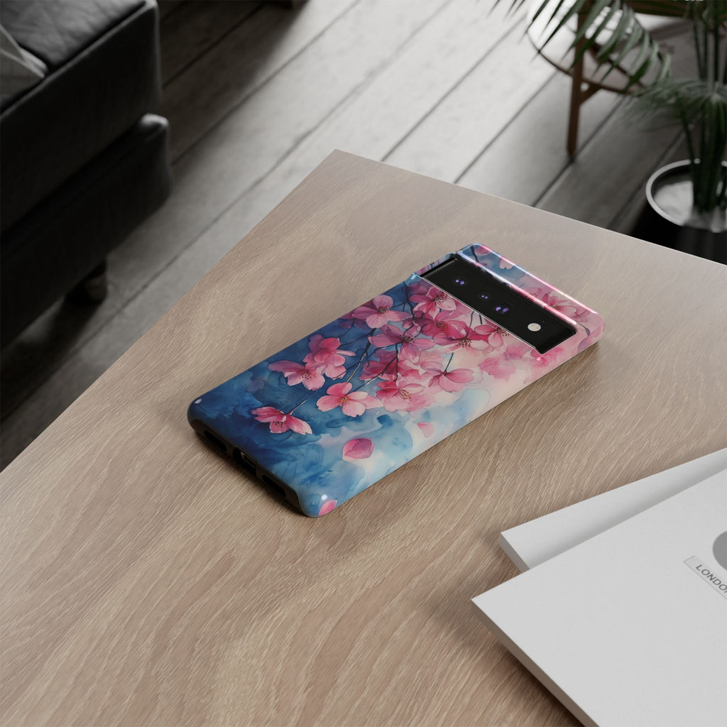 Floral Cherry Blossom Google Pixel Case | Pink Blue Watercolour