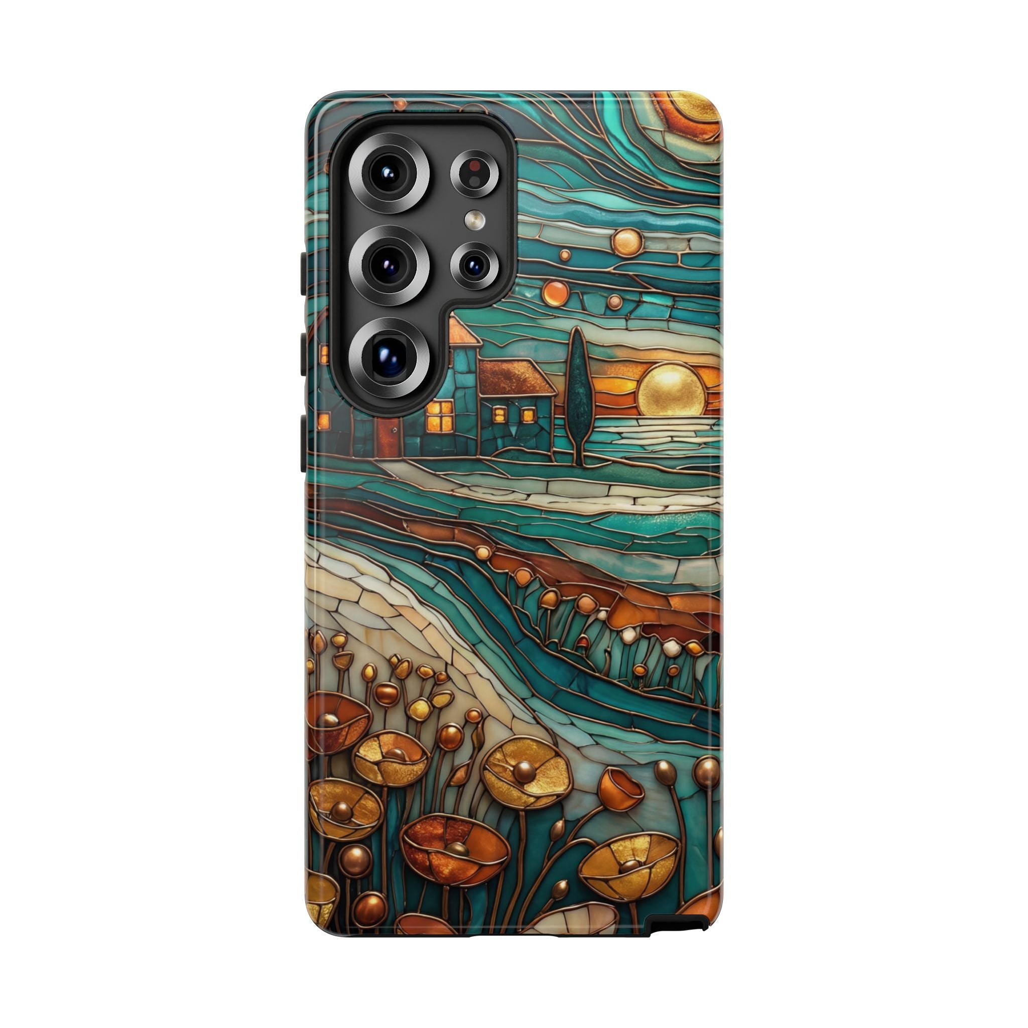 Artistic Sunset Cottage Samsung Galaxy Case | Whimsical Floral Landscape Protective Cover