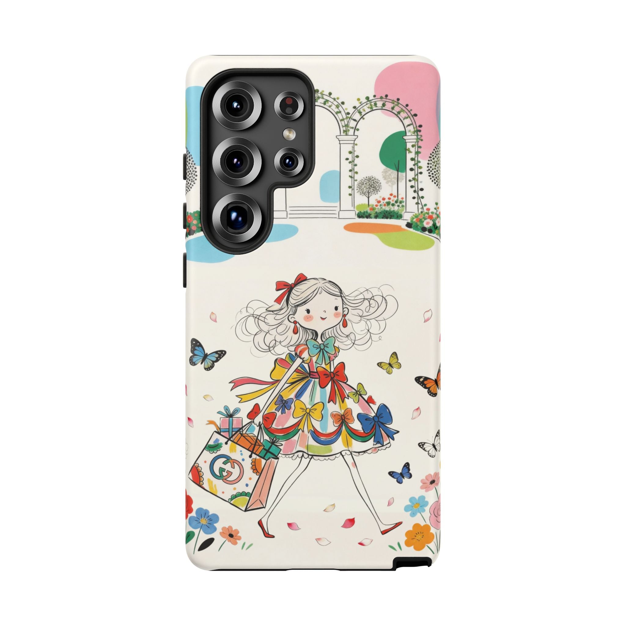 Whimsical Shopping Girl Samsung Galaxy Phone Case | Cute Floral Butterfly Tough Case