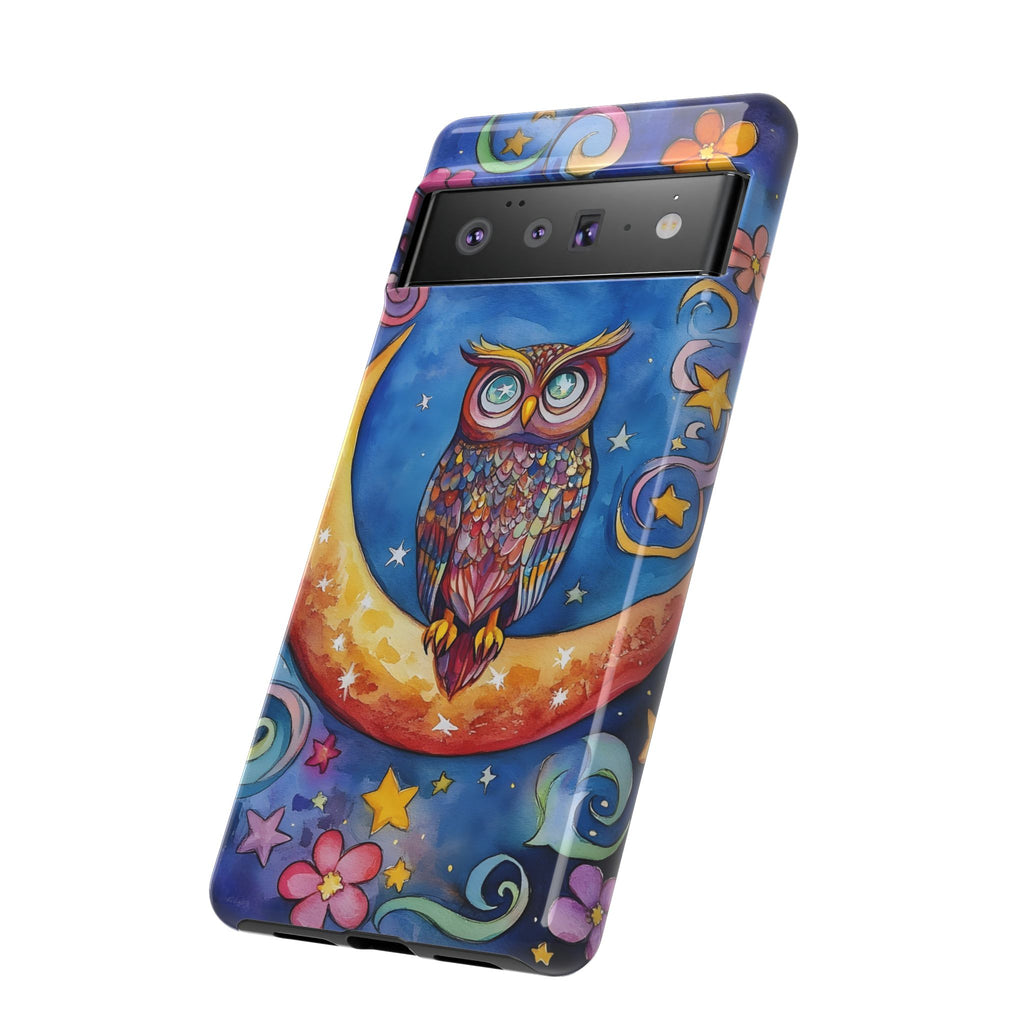 Owl on Crescent Moon Google Pixel Case — Colourful Whimsical Night Sky Design