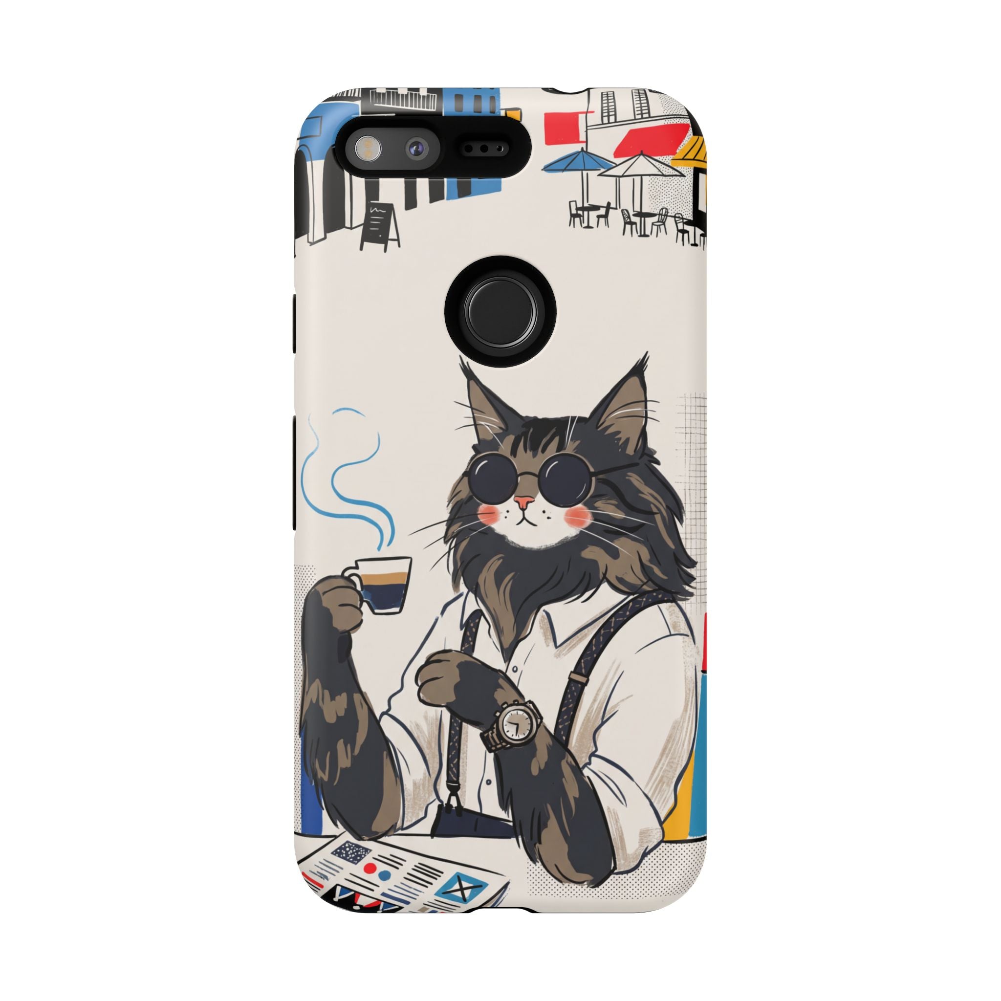 Cat Barista Google Pixel Phone Case | Cool Cat in Sunglasses Coffee Shop Design