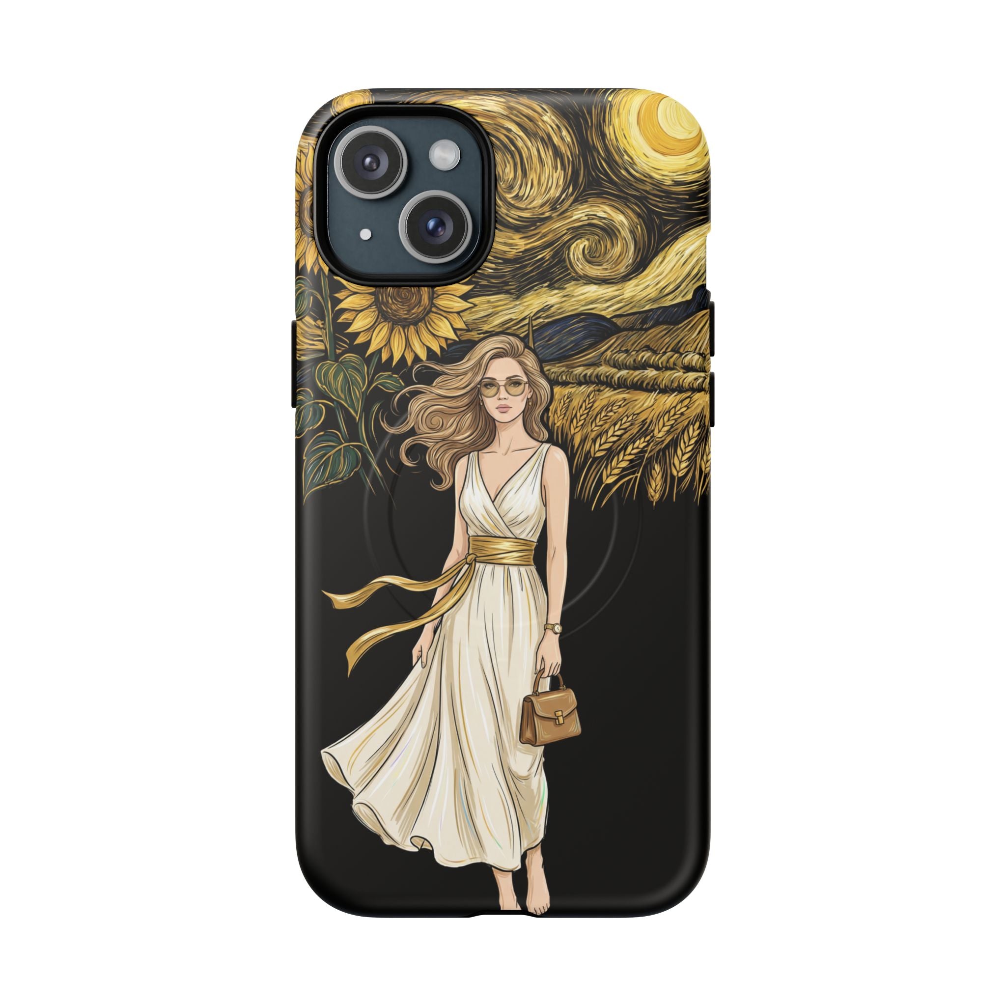 Sunflower Night MagSafe iPhone Case | Woman in Flowing Dress Van Gogh Style