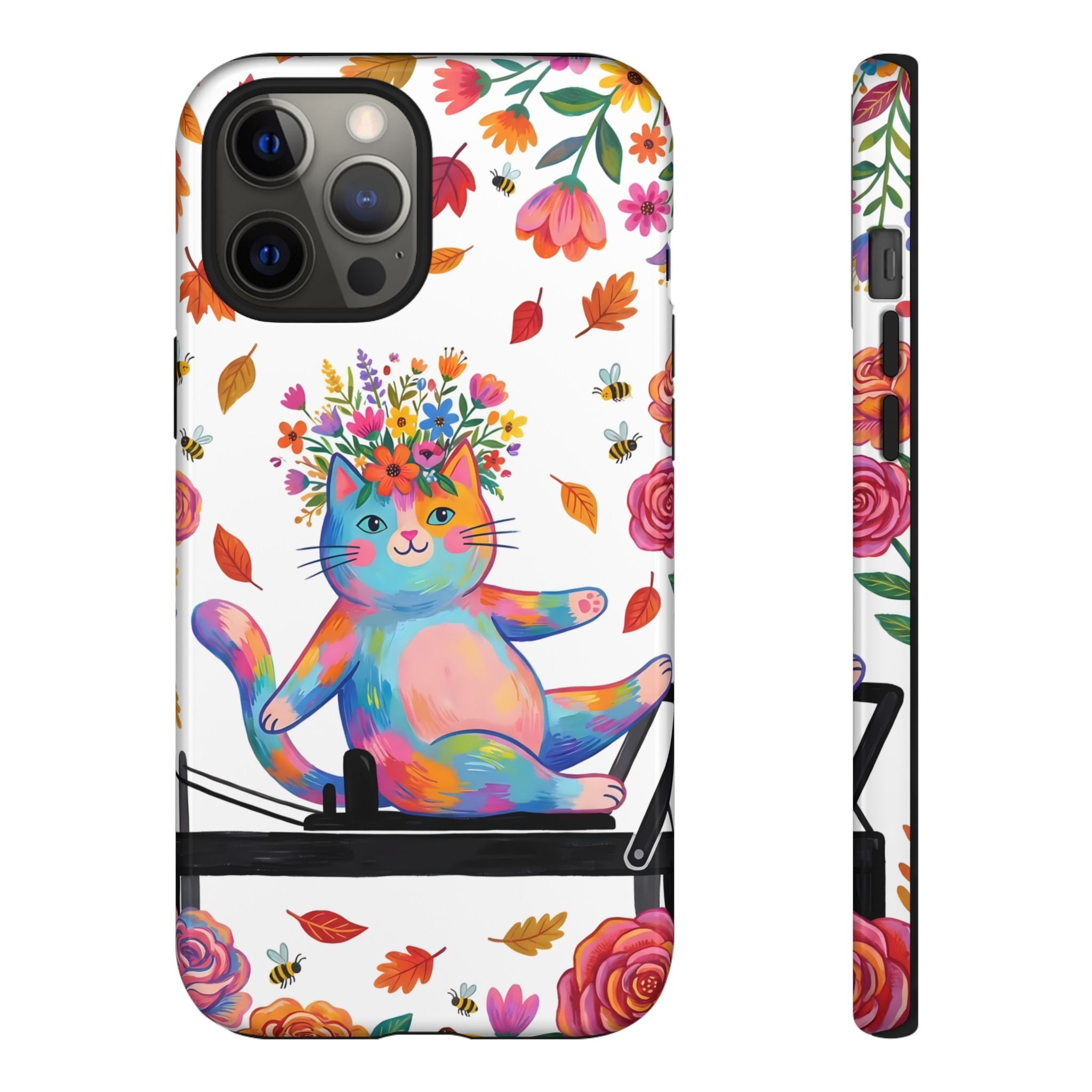 Colorful Floral Cat on Pilates Reformer Protective iPhone Case