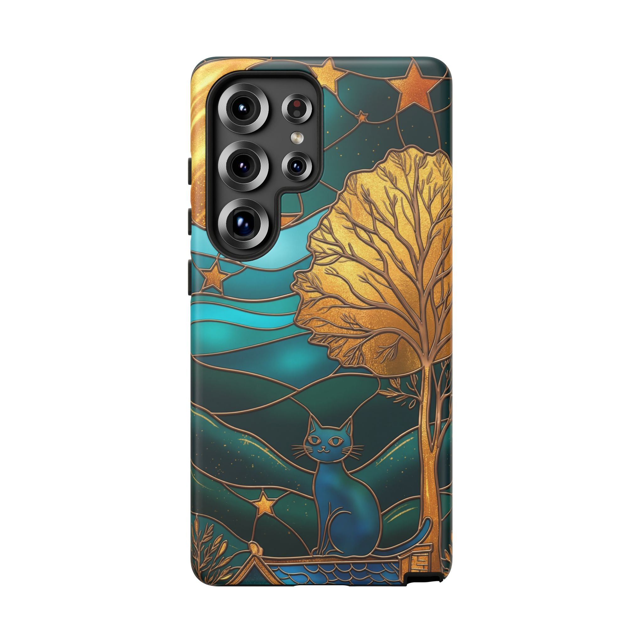 Stained Glass Cat Tough Samsung Galaxy Case | Gold Tree & Starry Night Design
