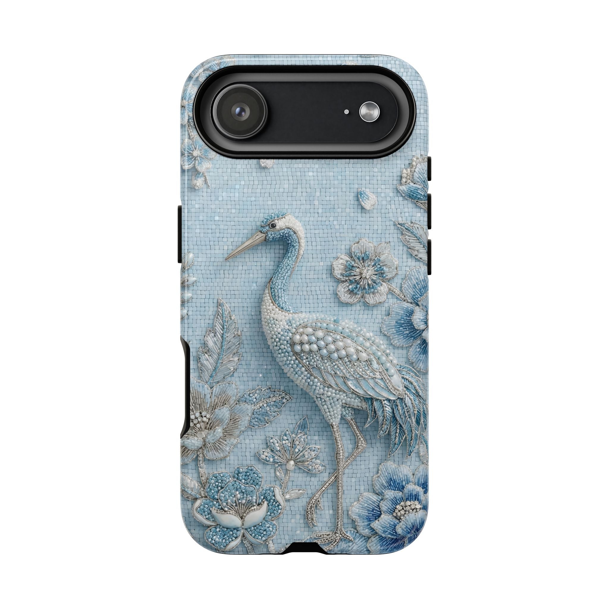 Blue Crane Floral iPhone Case | Vintage Embossed Bird Design