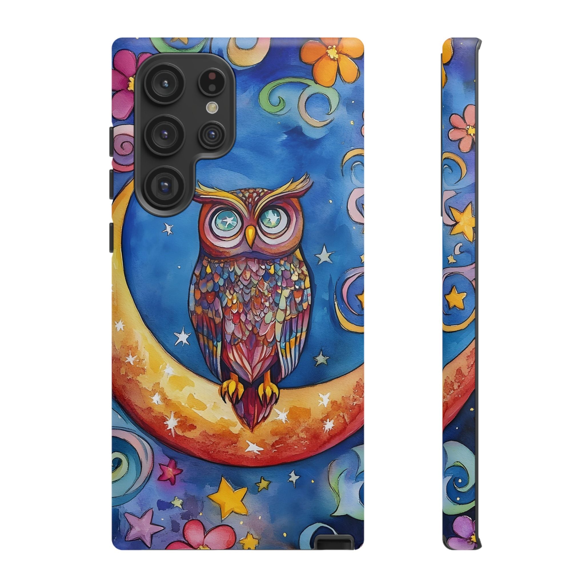 Owl on Crescent Moon Samsung Galaxy Case — Colourful Whimsical Night Sky Design