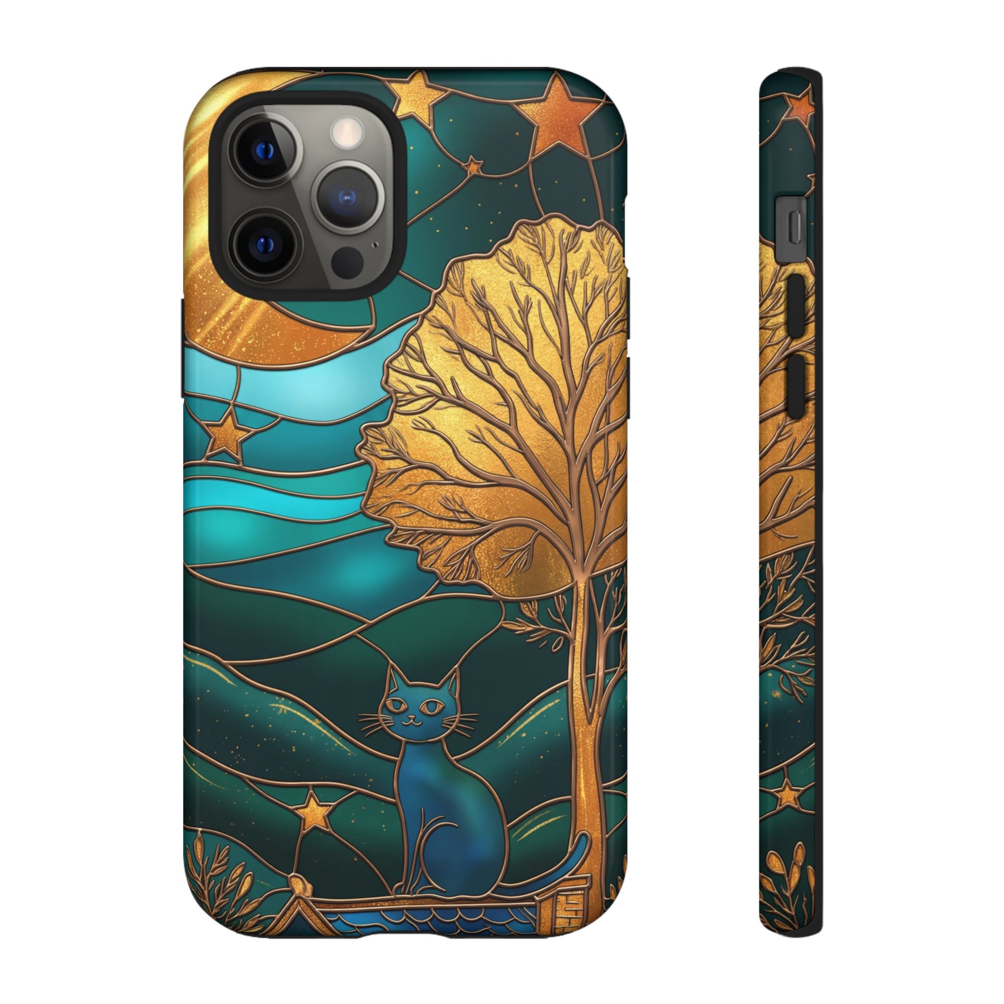 Stained Glass Cat Tough iPhone Case — Gold Tree & Starry Night Design