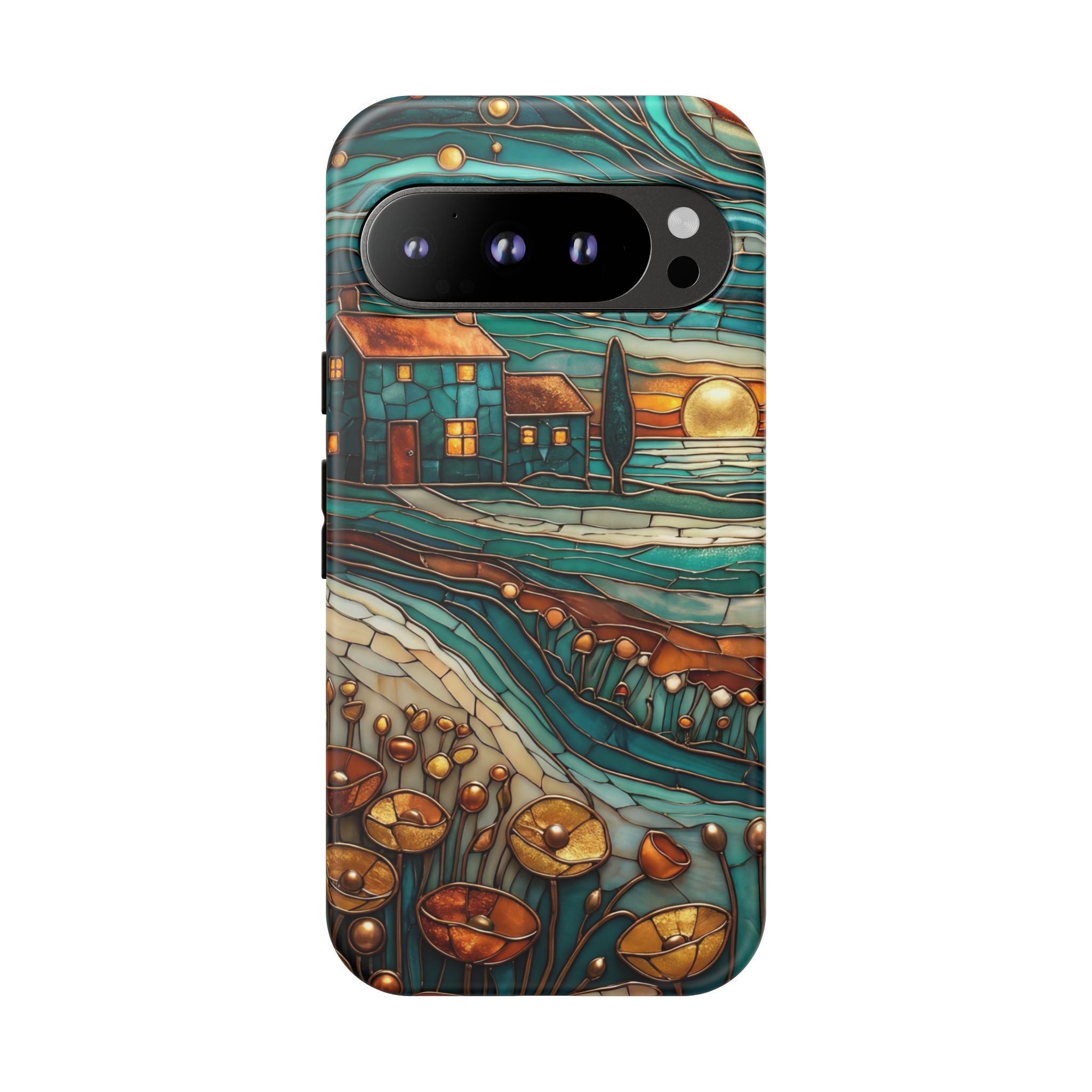 Artistic Sunset Cottage Google Pixel Case | Whimsical Floral Landscape Protective Cover
