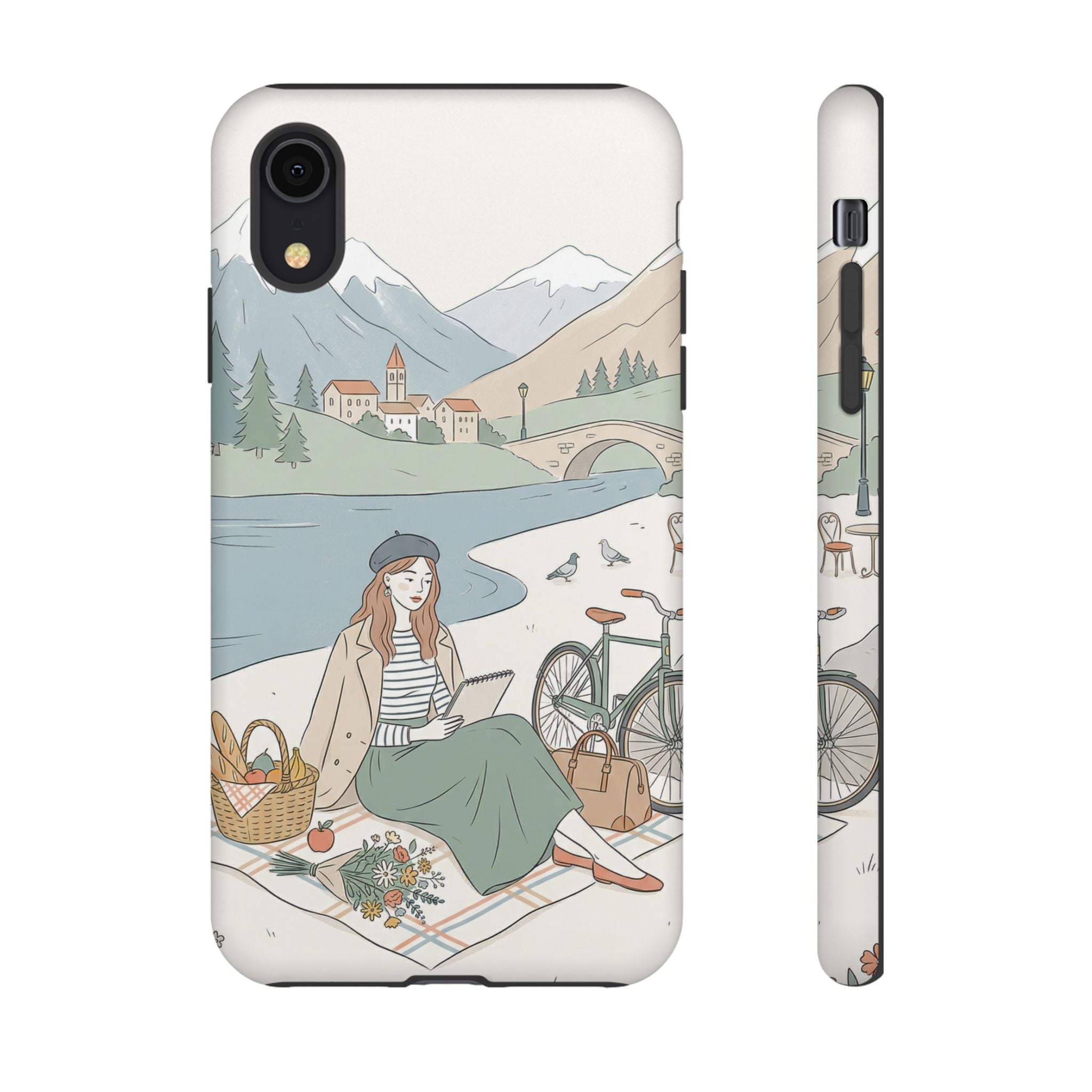 Scenic Picnic iPhone Case | Vintage Bicycle & Mountain Illustration
