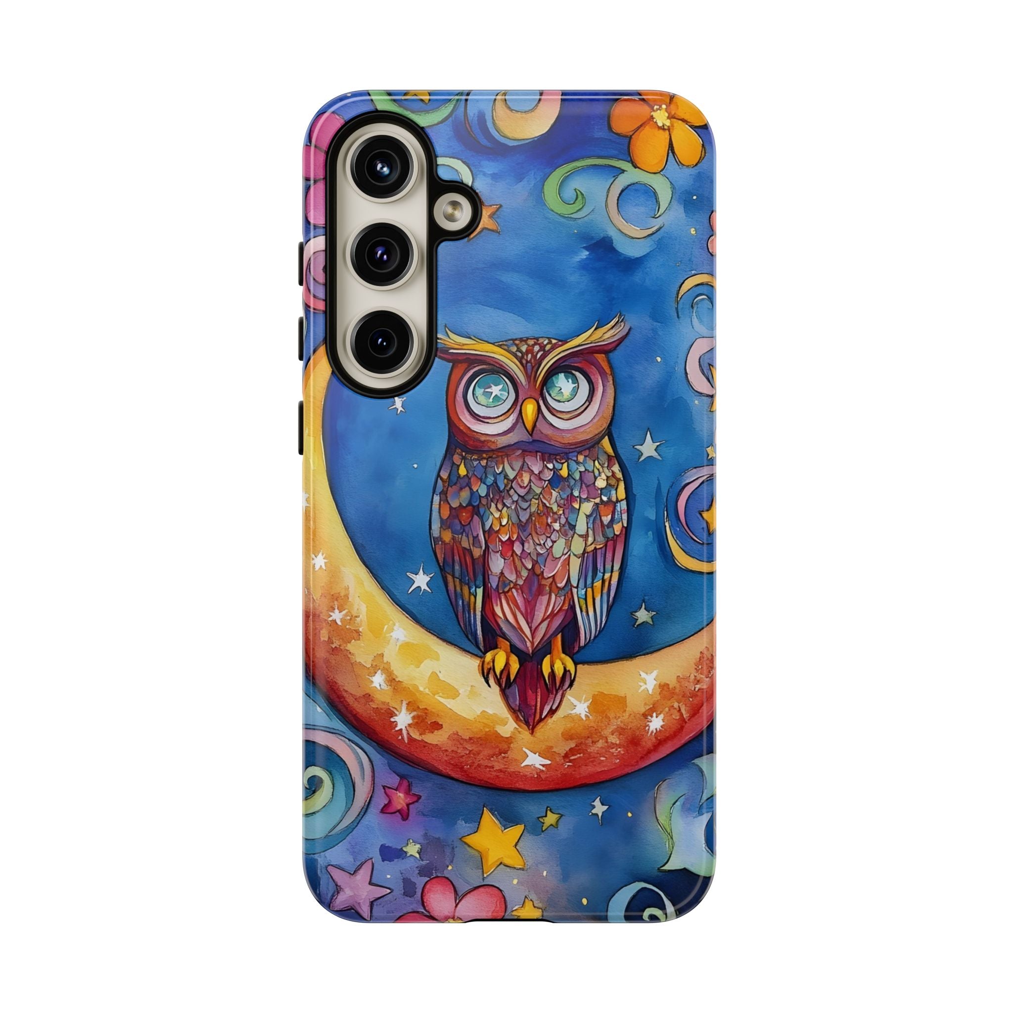Owl on Crescent Moon Samsung Galaxy Case — Colourful Whimsical Night Sky Design