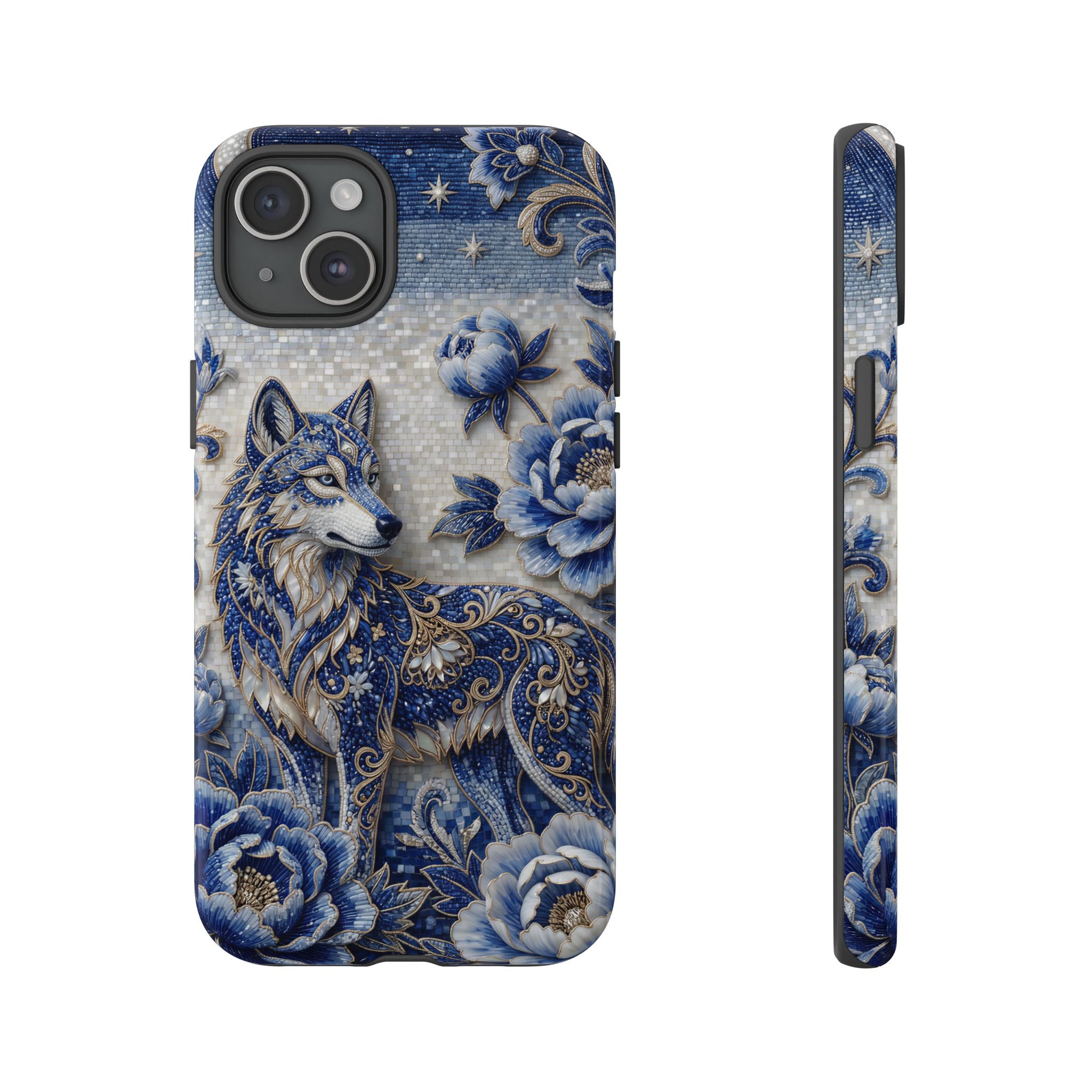 Blue Floral Wolf Tough iPhone Case | Moonlit Wolf Protective Cover