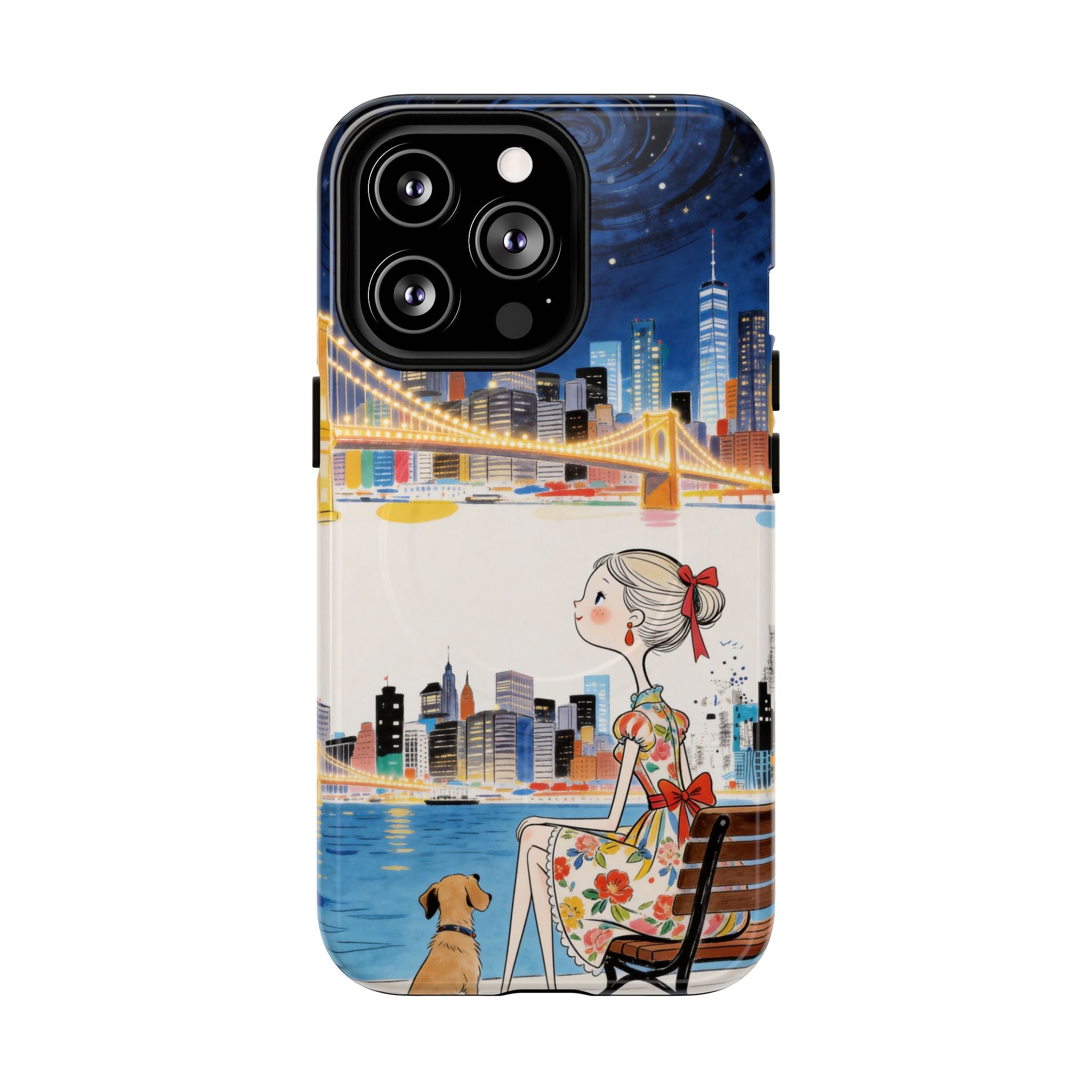 City Night MagSafe iPhone Case | Cute Girl & Dog Bench Illustration