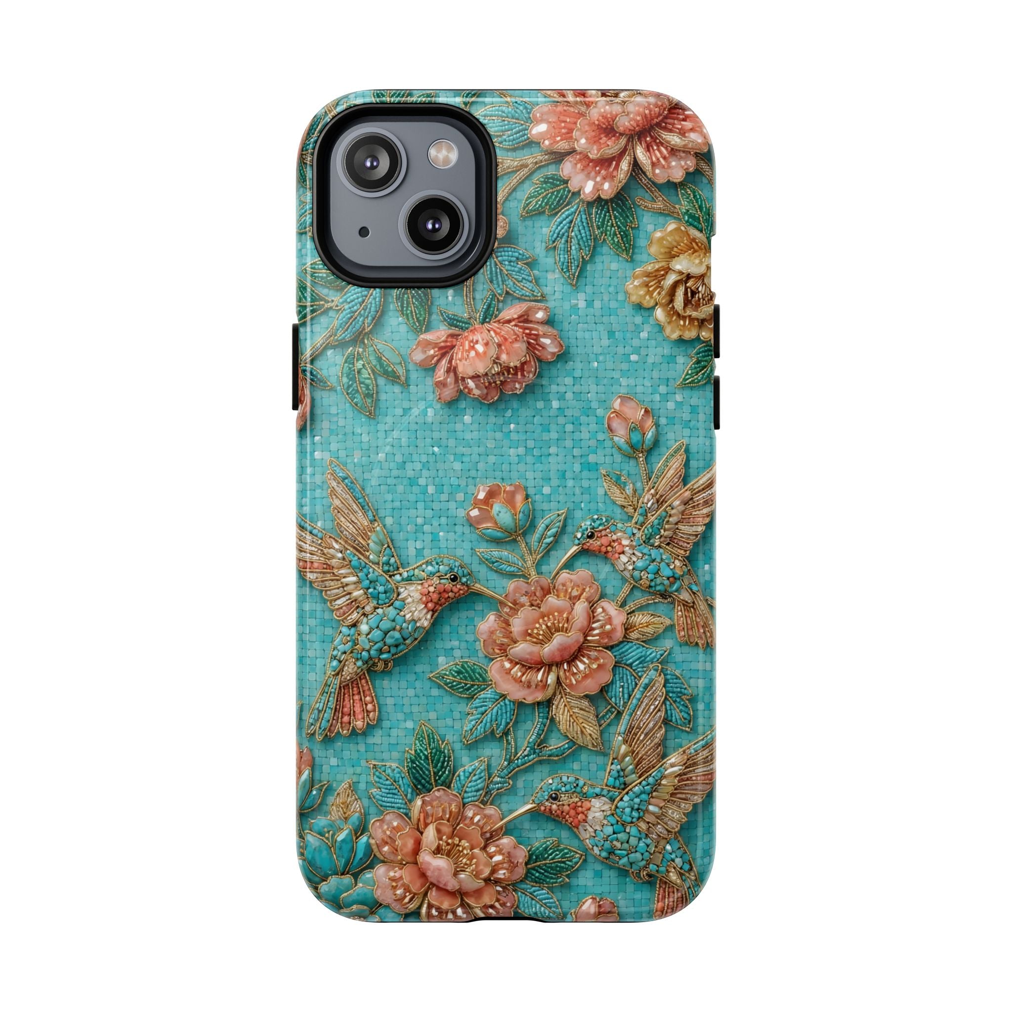 Floral Hummingbird Tough MagSafe iPhone Case | Turquoise Embroidered Garden Design