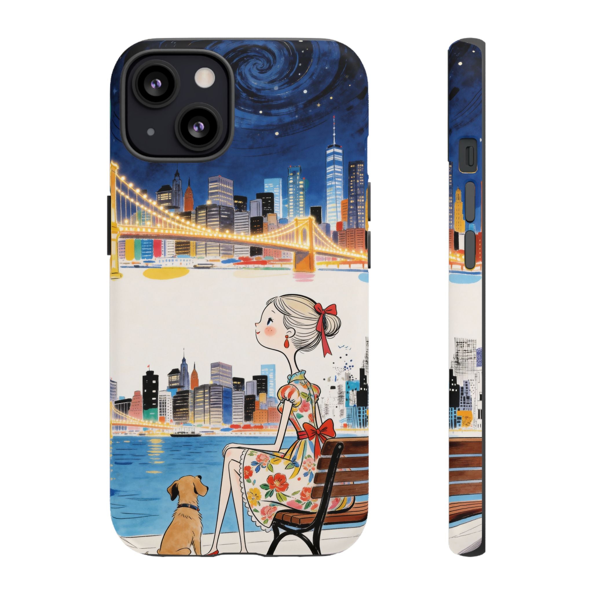 City Night iPhone Case | Cute Girl & Dog Bench Illustration