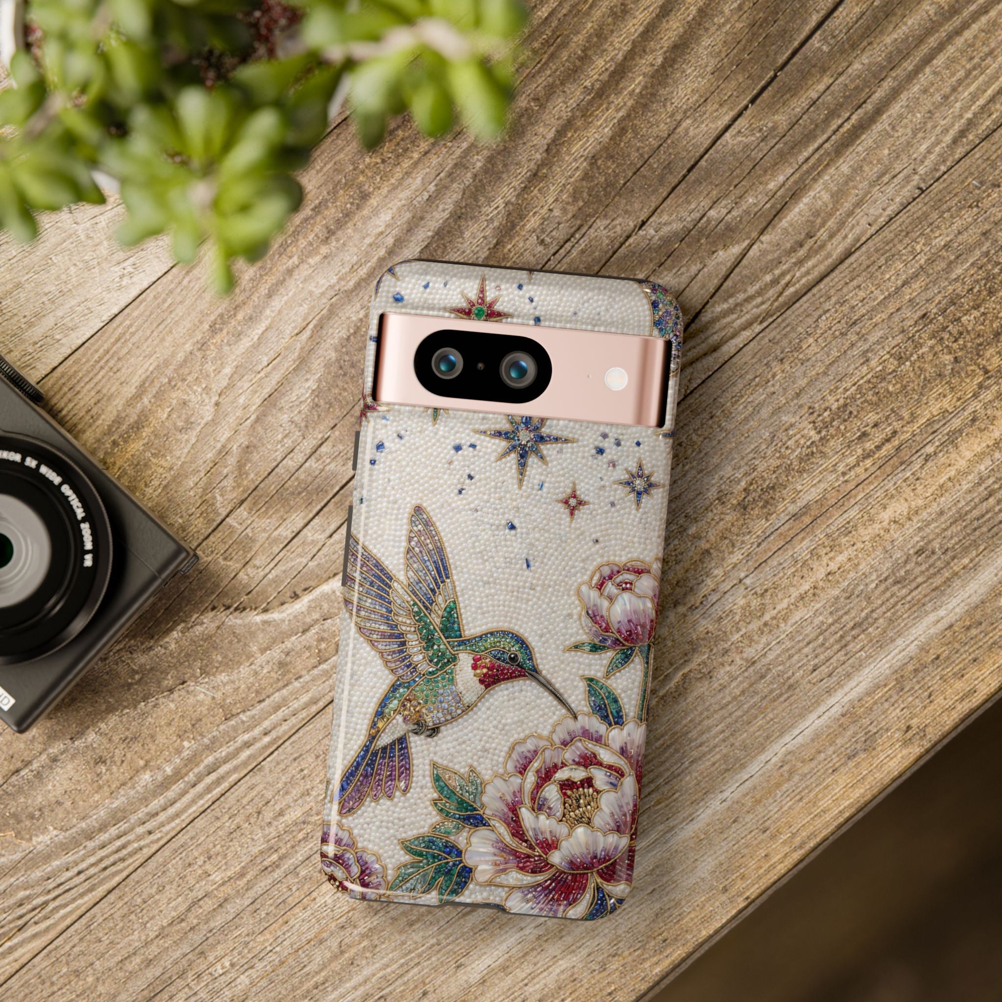 Custodia protettiva per Google Pixel con colibrì floreale | Cover protettiva con accento a stella vintage