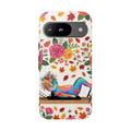 Autumn Floral Pilates Google Pixel Phone Case | Colorful Rainbow Pilates Cat on Falling Leaves