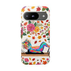 Autumn Floral Pilates Google Pixel Phone Case | Colorful Rainbow Pilates Cat on Falling Leaves