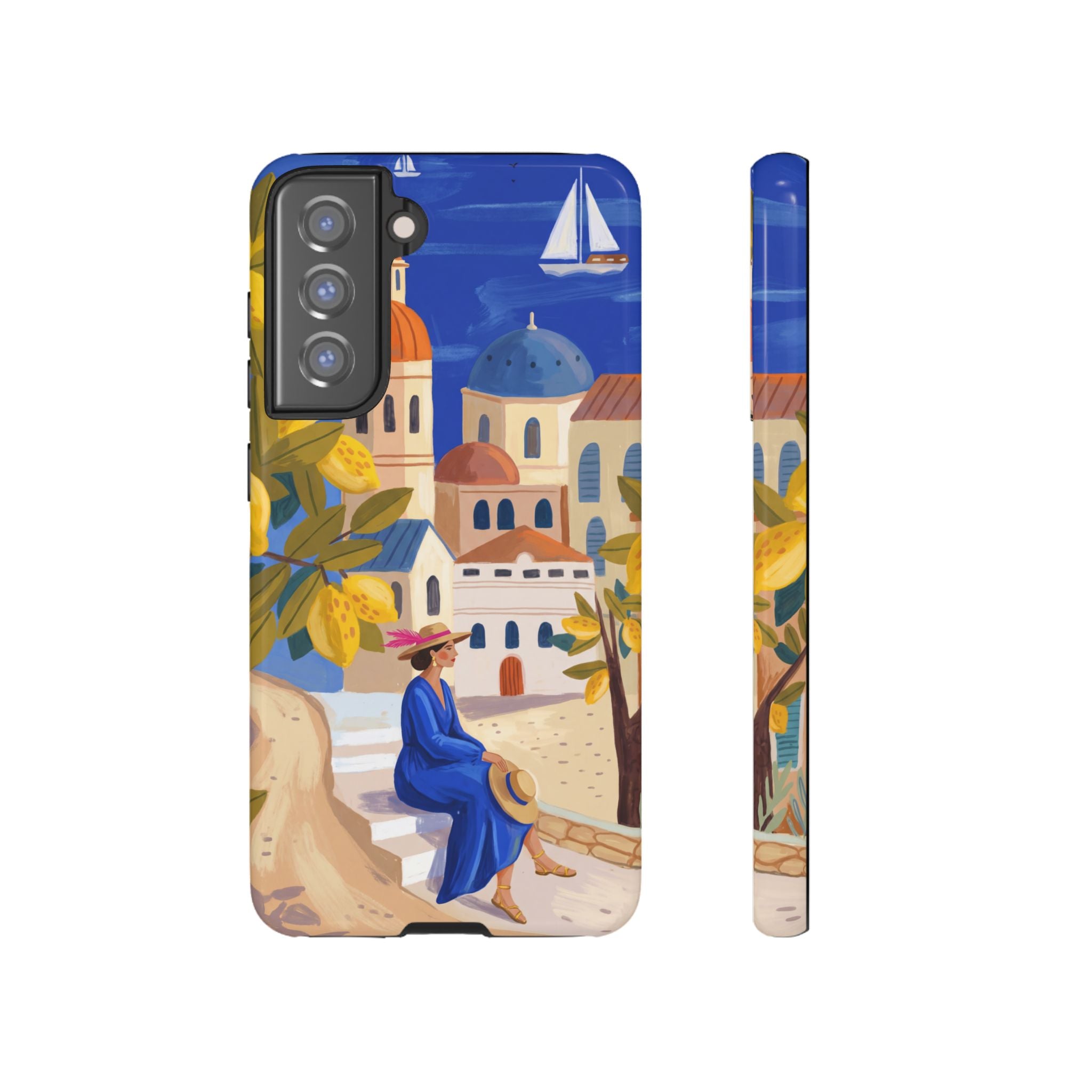Mediterranean Village Samsung Galaxy Phone Case | Scenic Sailboat & Lemon Grove Design