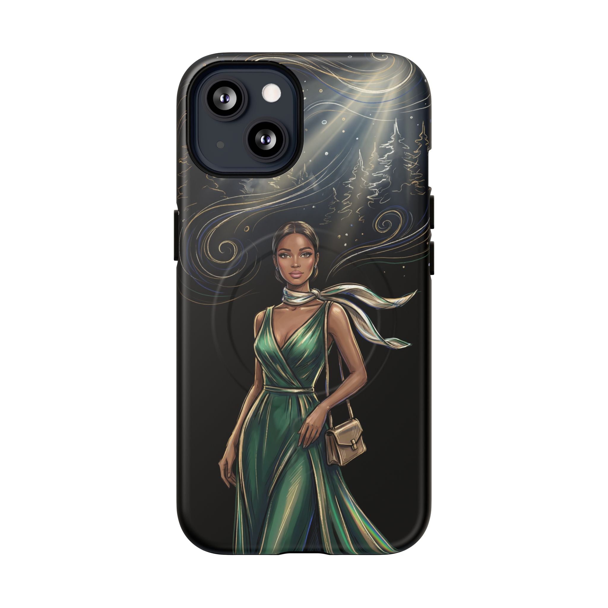 Elegant Woman in Green Dress Art Protective Tough MagSafe iPhone Case