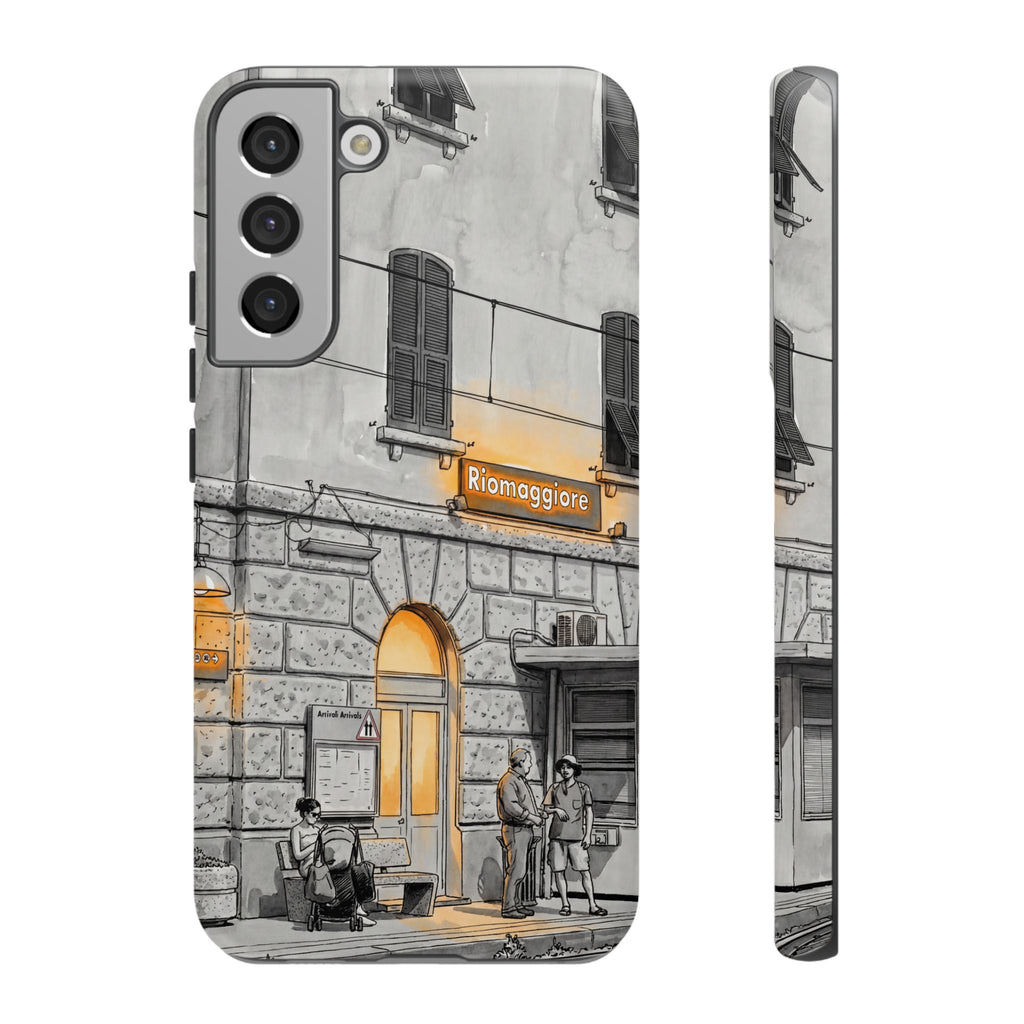 Custodia per Samsung Galaxy con stazione ferroviaria Cinque Terre | Schizzo in bianco e nero con accenti gialli caldi