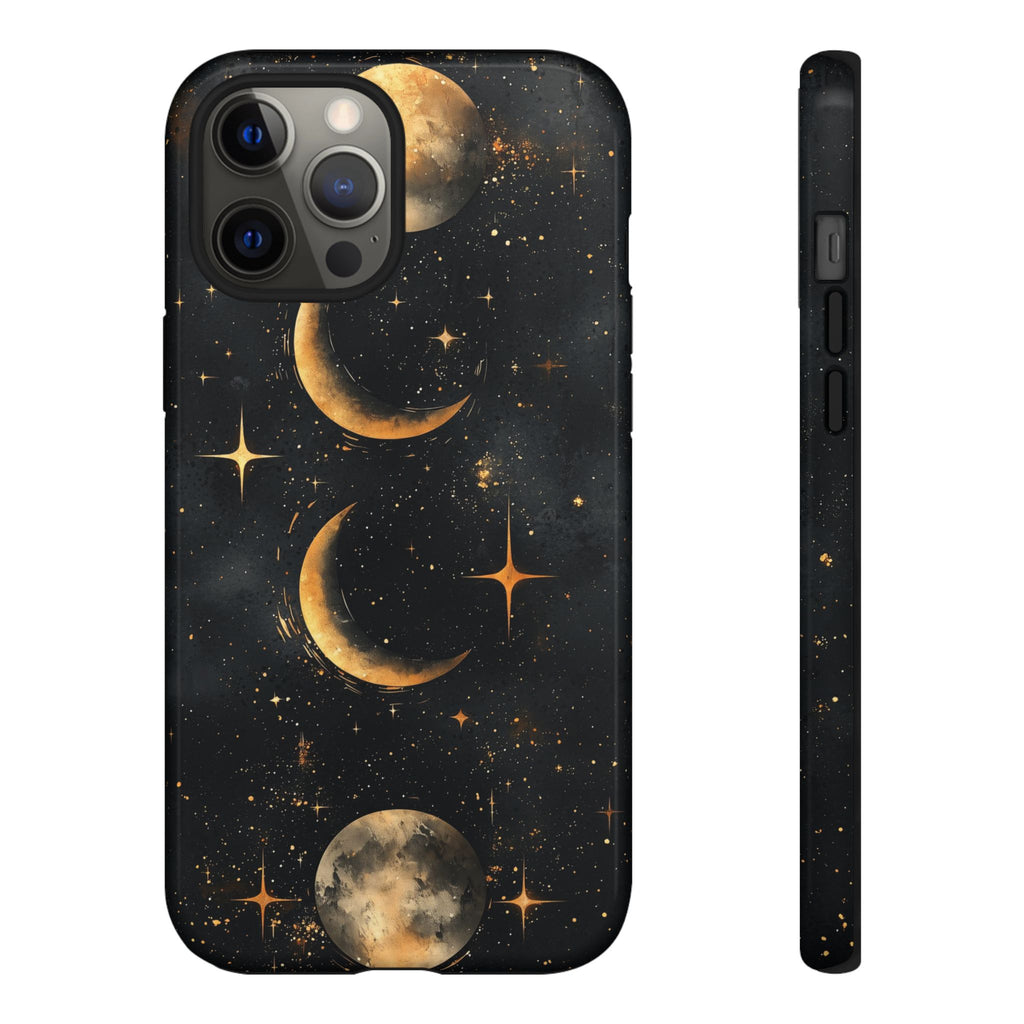 Celestial Moon Phases Tough iPhone Case | Gold Crescent & Full Moon Galaxy Design