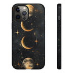 Celestial Moon Phases Tough iPhone Case | Gold Crescent & Full Moon Galaxy Design