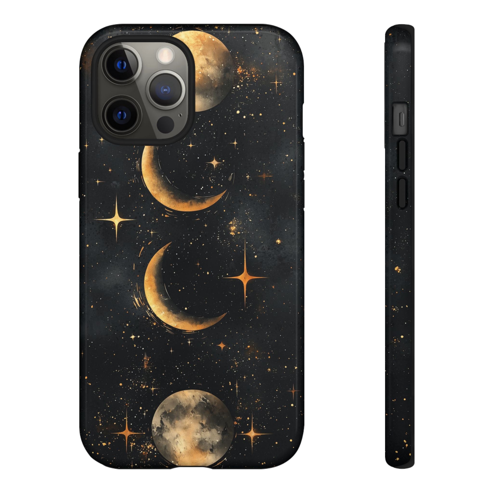 Celestial Moon Phases Tough iPhone Case | Gold Crescent & Full Moon Galaxy Design