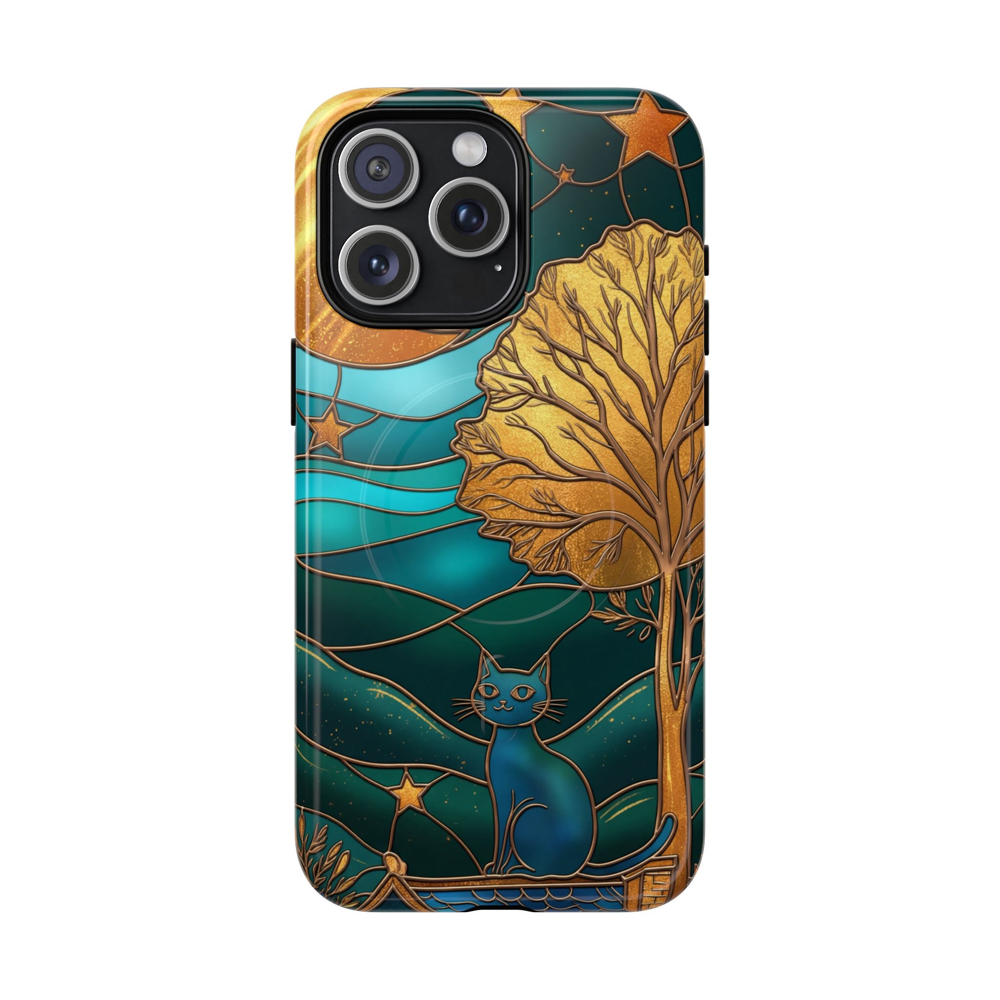 Art Nouveau Cat iPhone Case | Stained Glass Moon & Tree Tough MagSafe Case