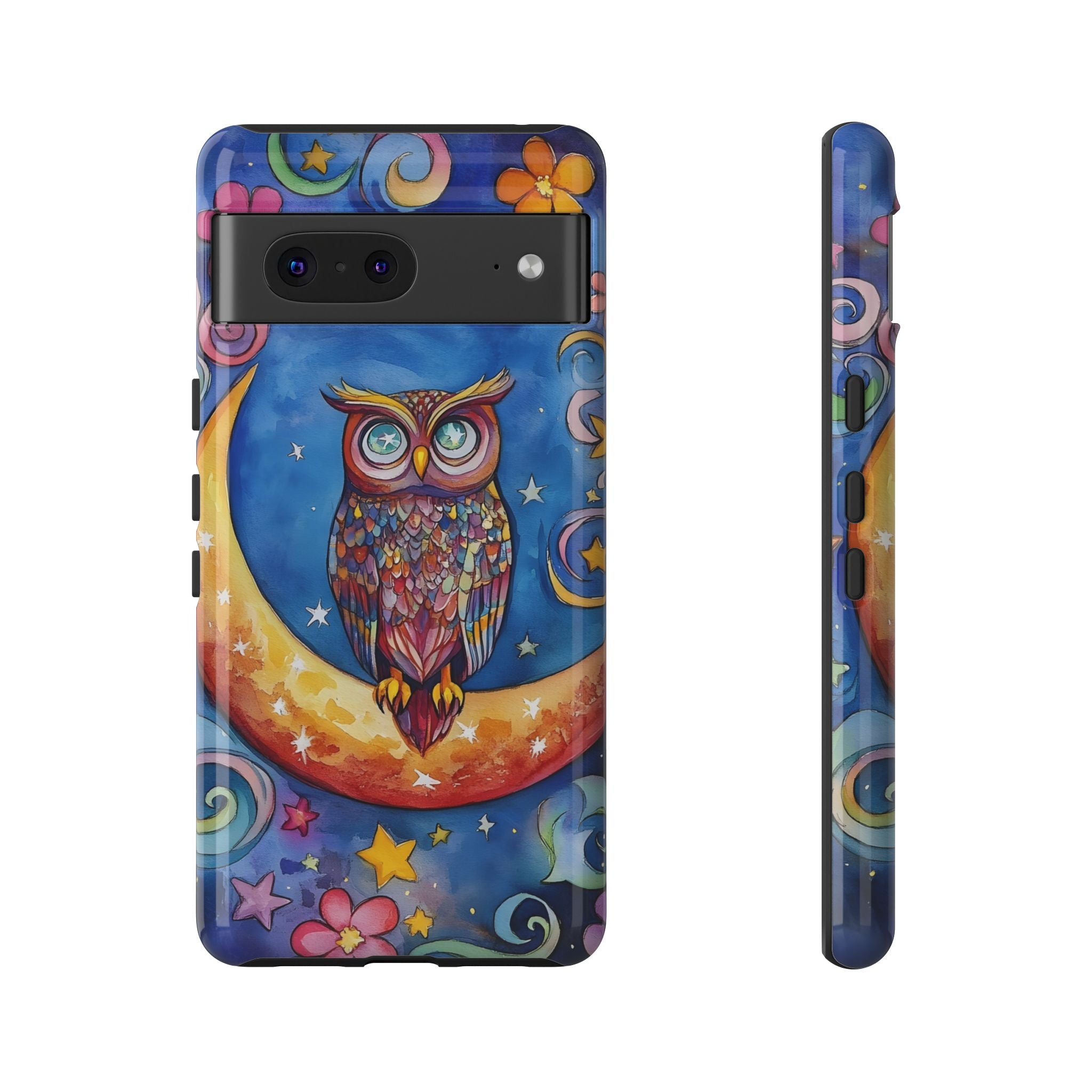 Owl on Crescent Moon Google Pixel Case — Colourful Whimsical Night Sky Design