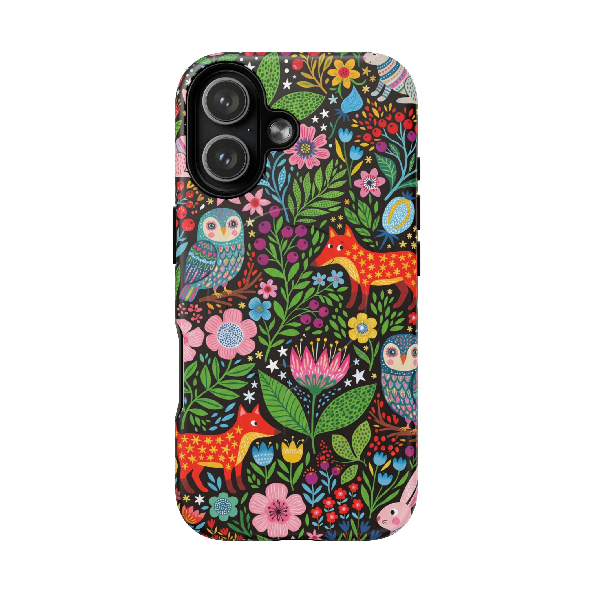 Floral Woodland MagSafe iPhone Case | Colourful Fox & Owl Protective Cover