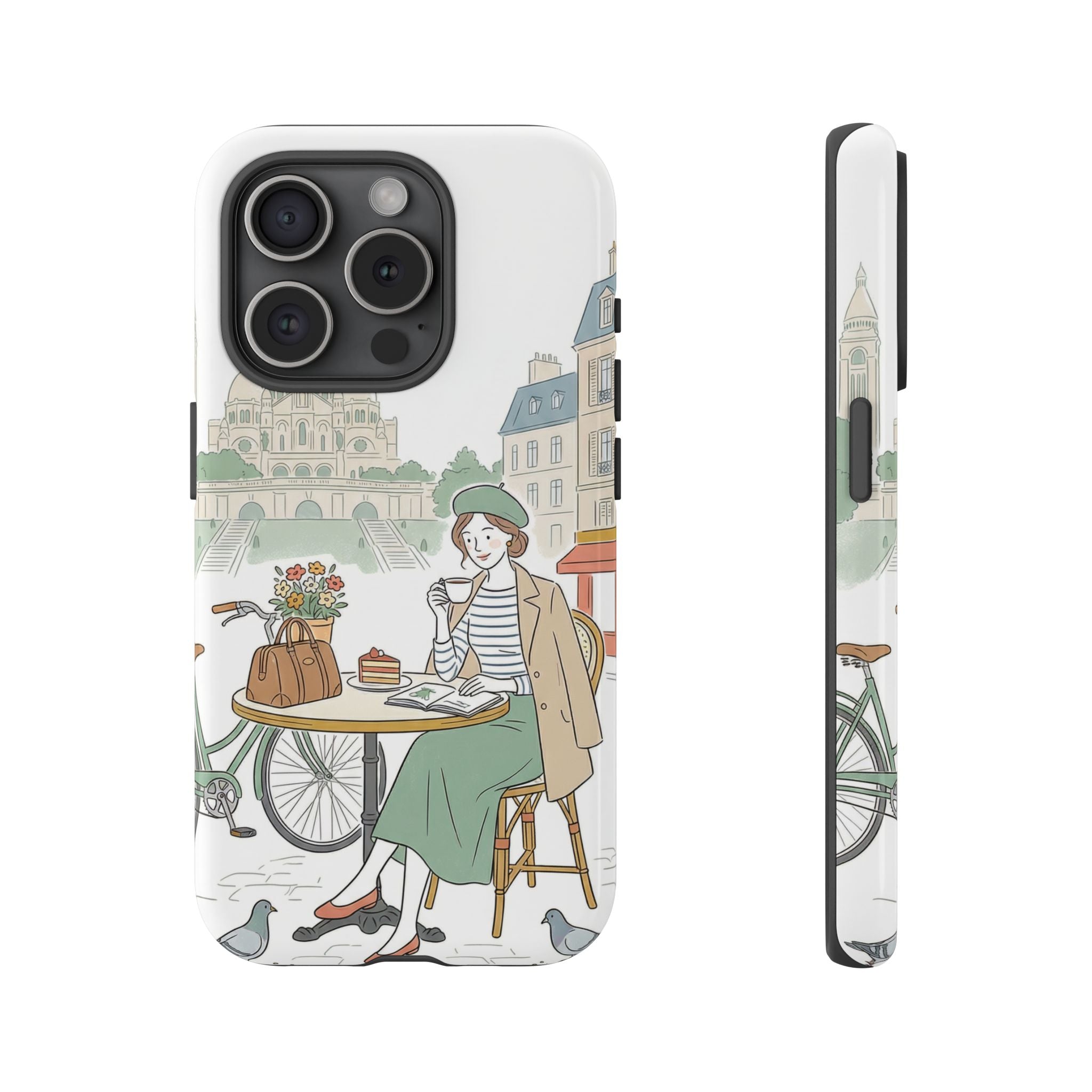 Paris Cafe Illustration iPhone Case | Vintage Bicycles & Pigeons Protective Cover