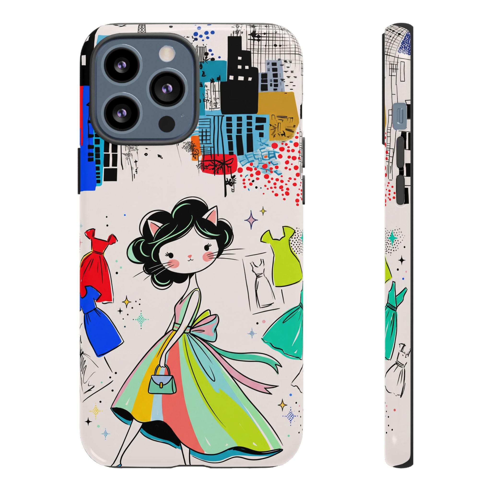 Retro Fashion Cat Girl iPhone Case | Cute Dress & City Print