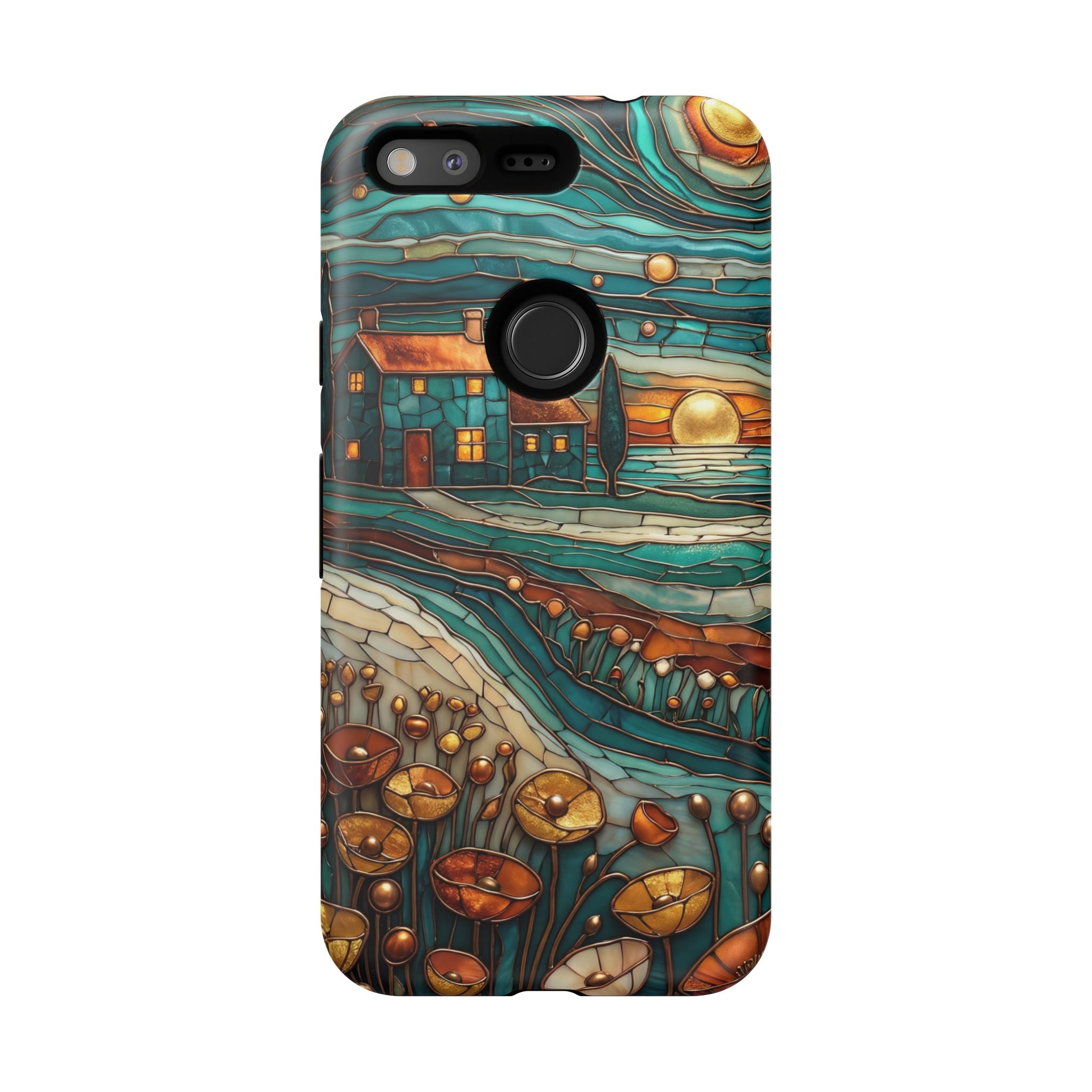 Artistic Sunset Cottage Google Pixel Case | Whimsical Floral Landscape Protective Cover