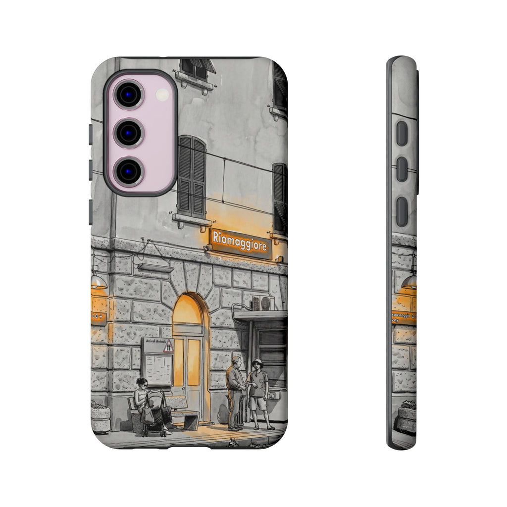 Custodia per Samsung Galaxy con stazione ferroviaria Cinque Terre | Schizzo in bianco e nero con accenti gialli caldi