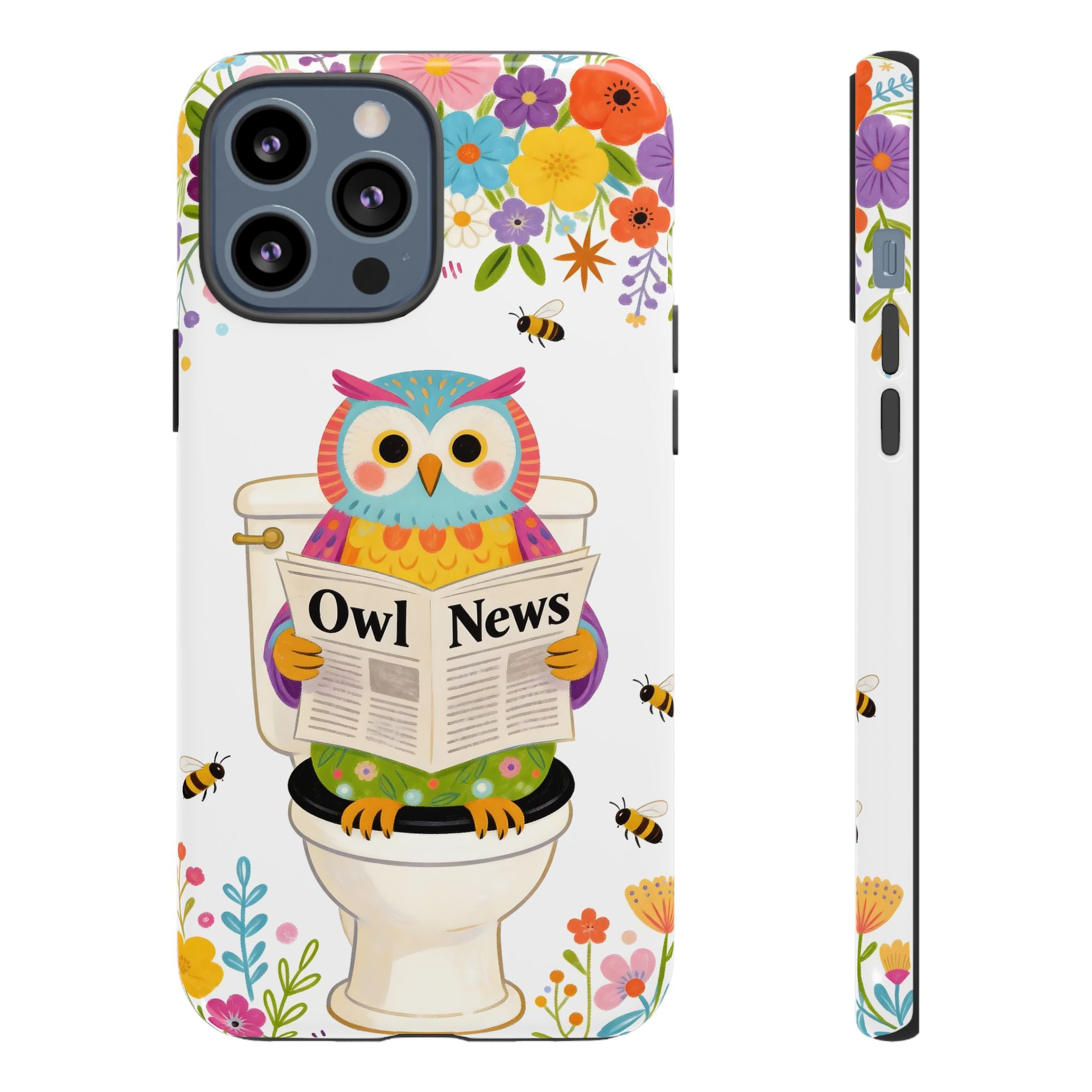 Owl News Floral iPhone Case | Cute Owl Reading Newspaper on Toilet