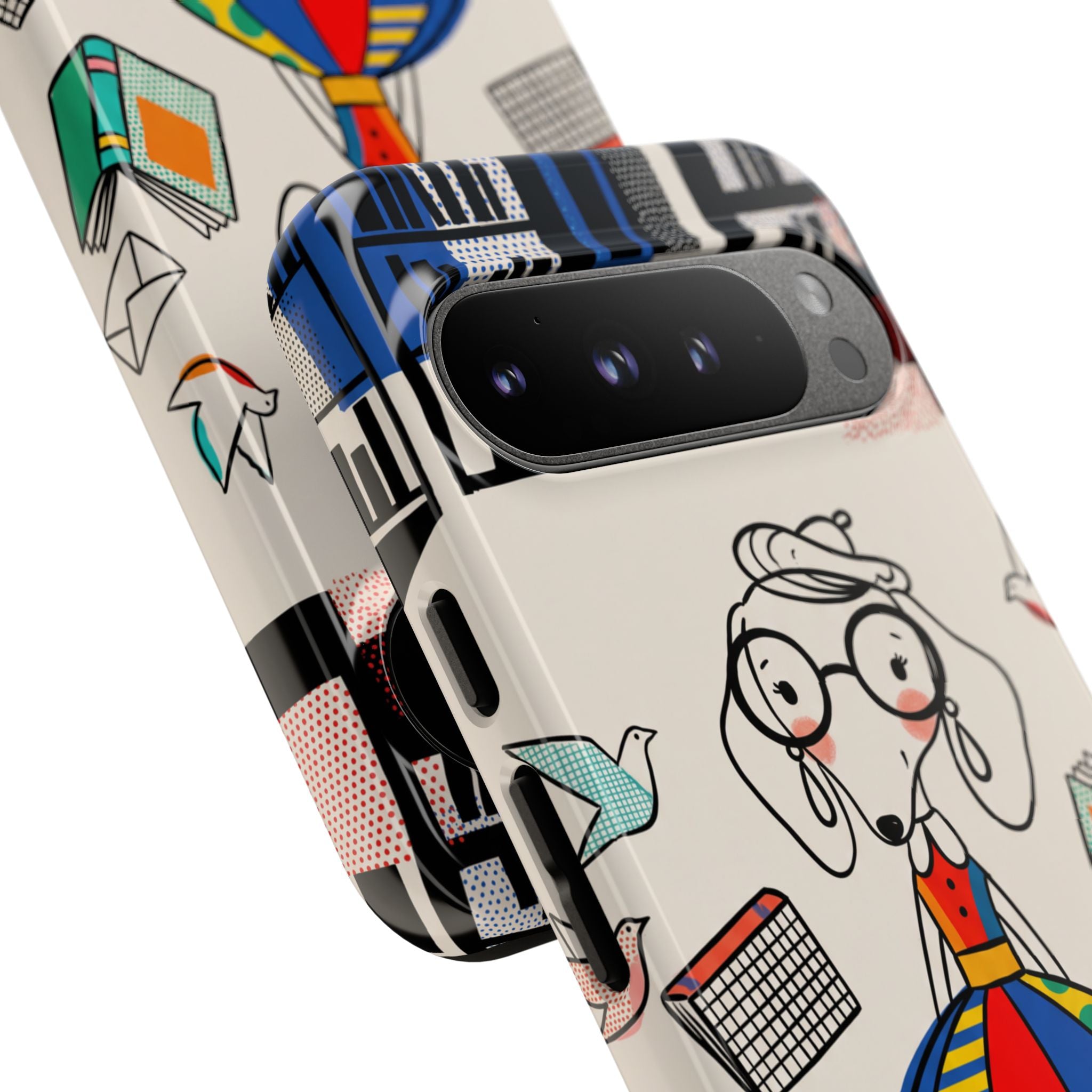 Illustrazione di un simpatico bassotto per cover Google Pixel | Design colorato e fantasioso con libri e uccellini