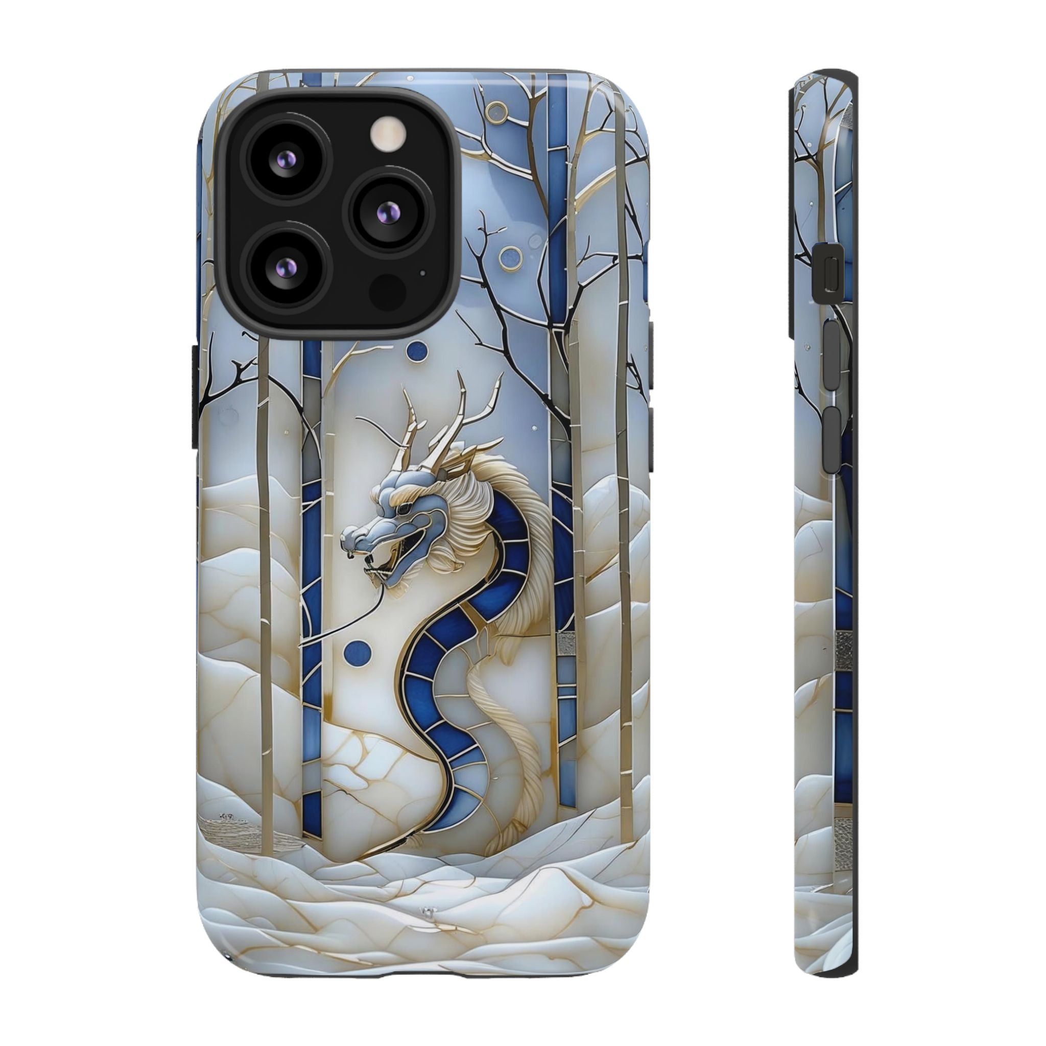 Dragon Stained Glass iPhone Case — Blue Winter Forest Protective Cover