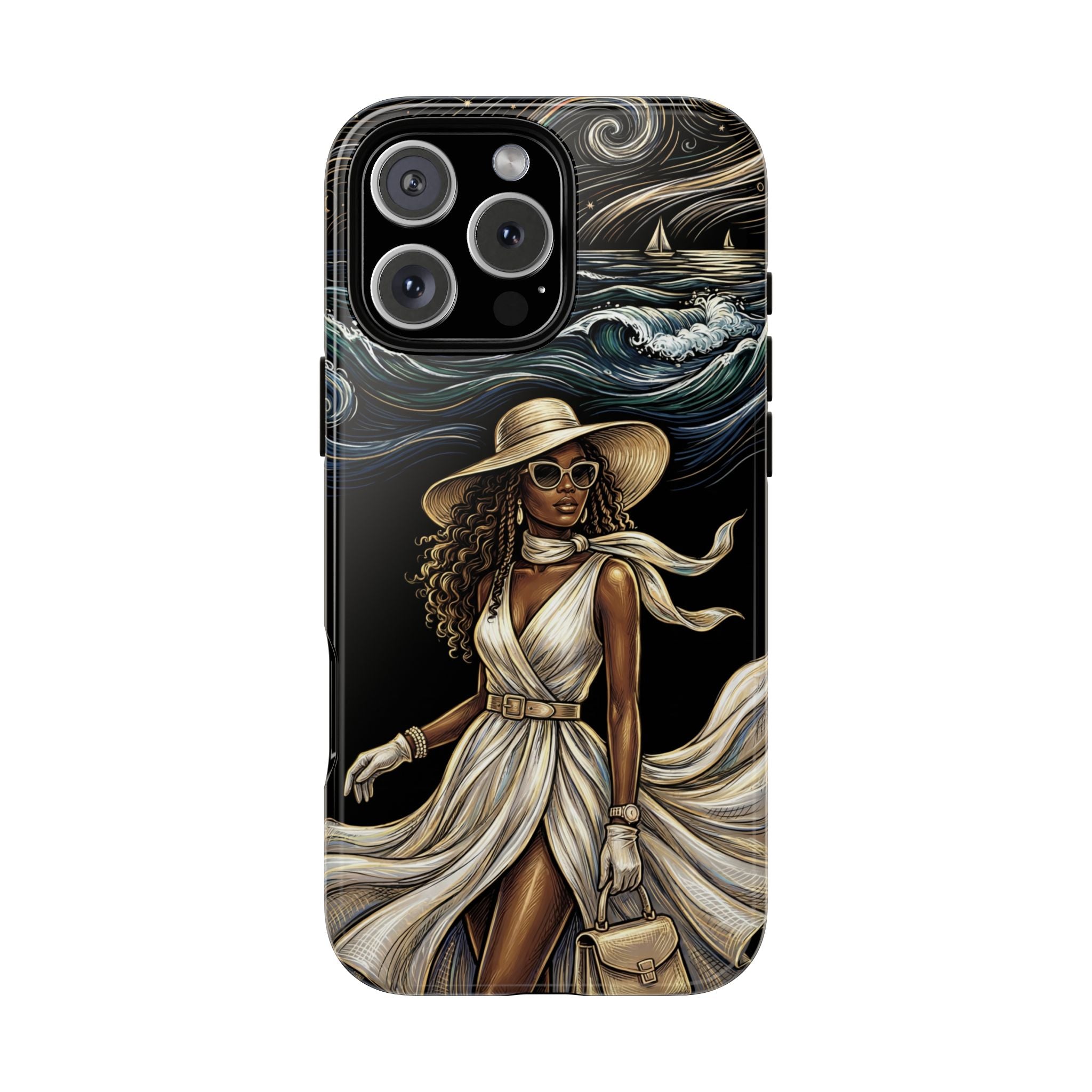iPhone Case | Elegant Black Woman in Flowing Dress by the Sea