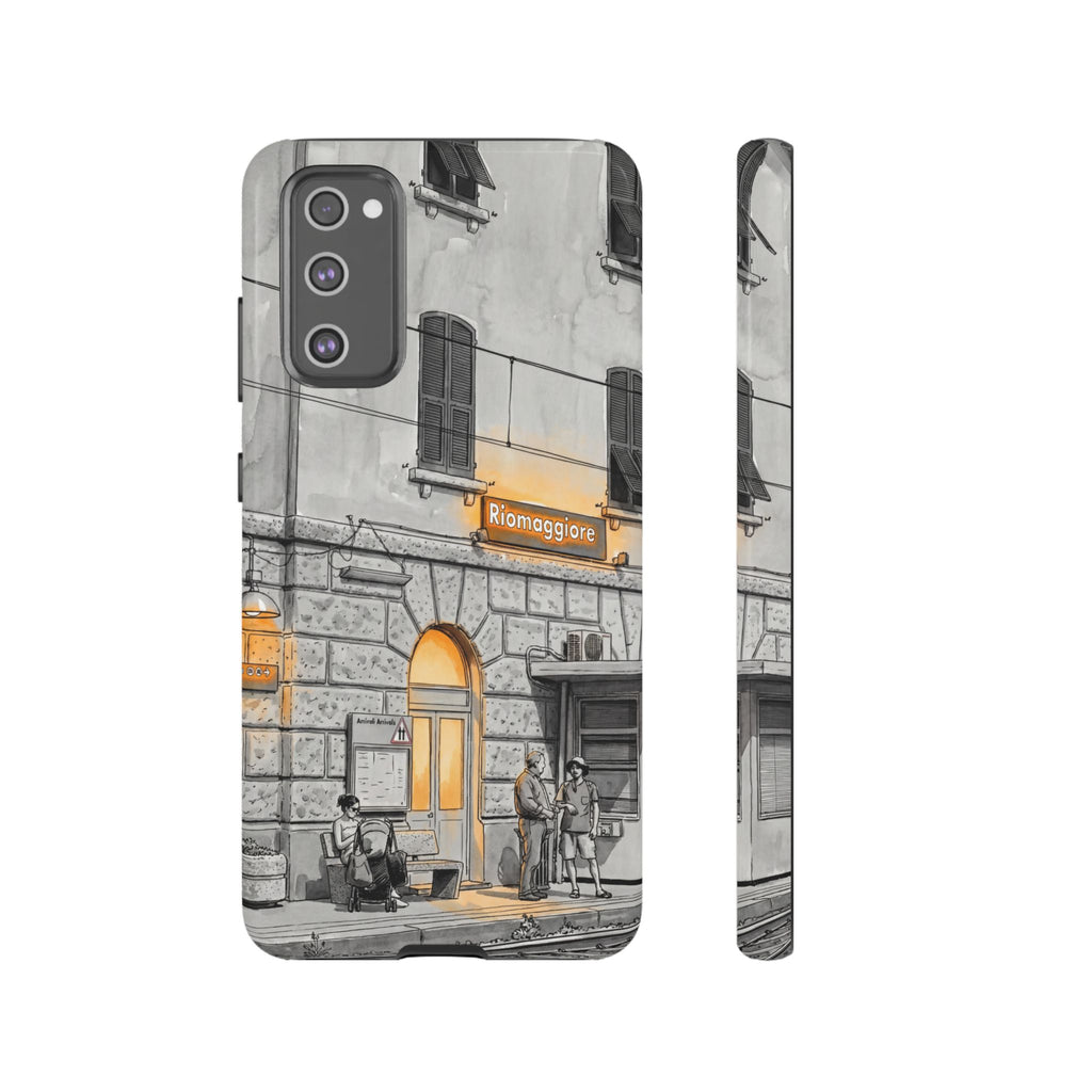 Custodia per Samsung Galaxy con stazione ferroviaria Cinque Terre | Schizzo in bianco e nero con accenti gialli caldi