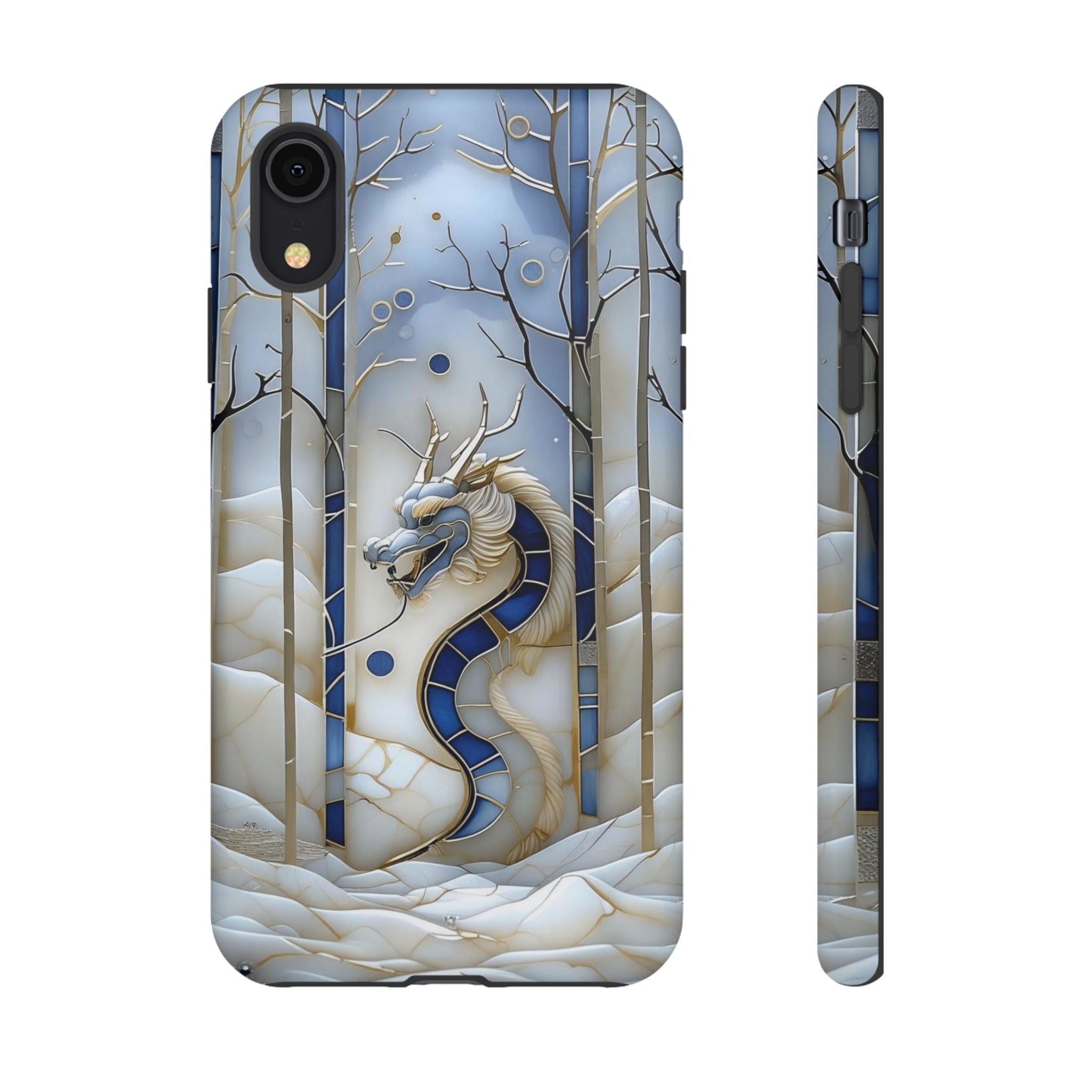 Dragon Stained Glass iPhone Case — Blue Winter Forest Protective Cover
