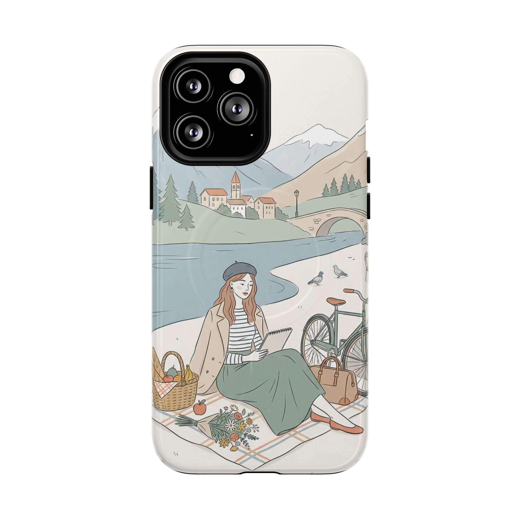Scenic Picnic MagSafe iPhone Case | Vintage Bicycle & Mountain Illustration