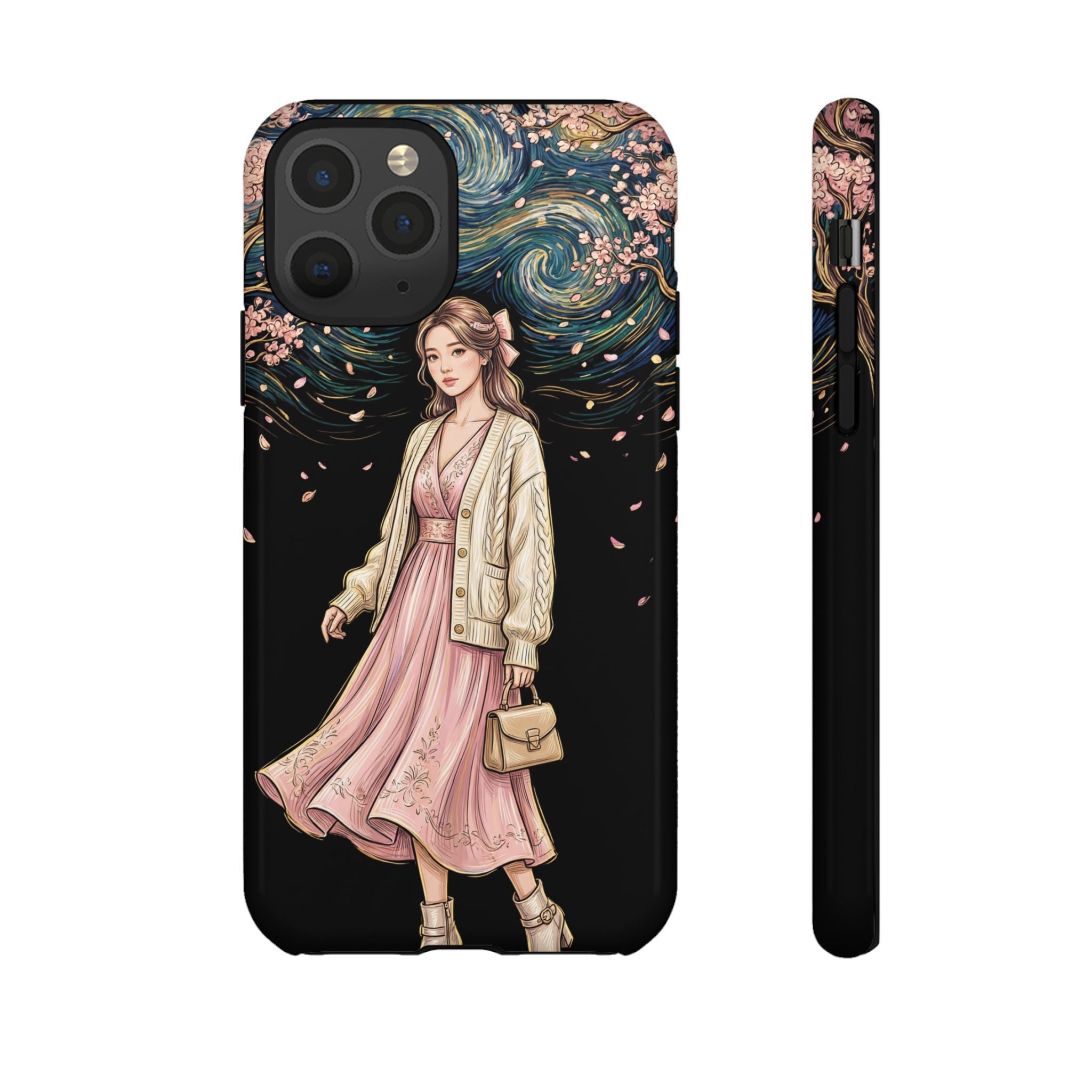 Floral Starry Night iPhone Case | Elegant Girl in Pink Dress