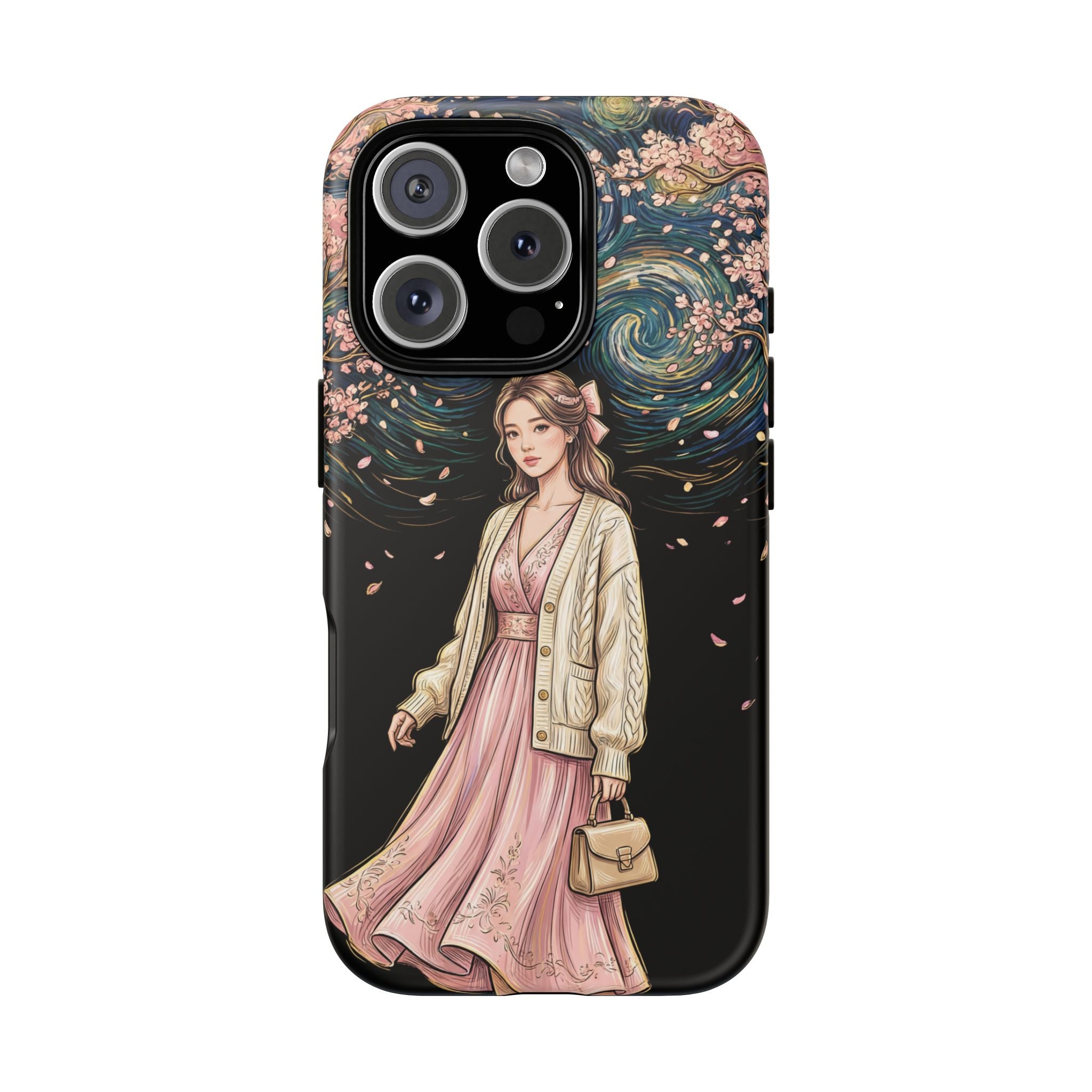 Floral Starry Night iPhone Case | Elegant Girl in Pink Dress