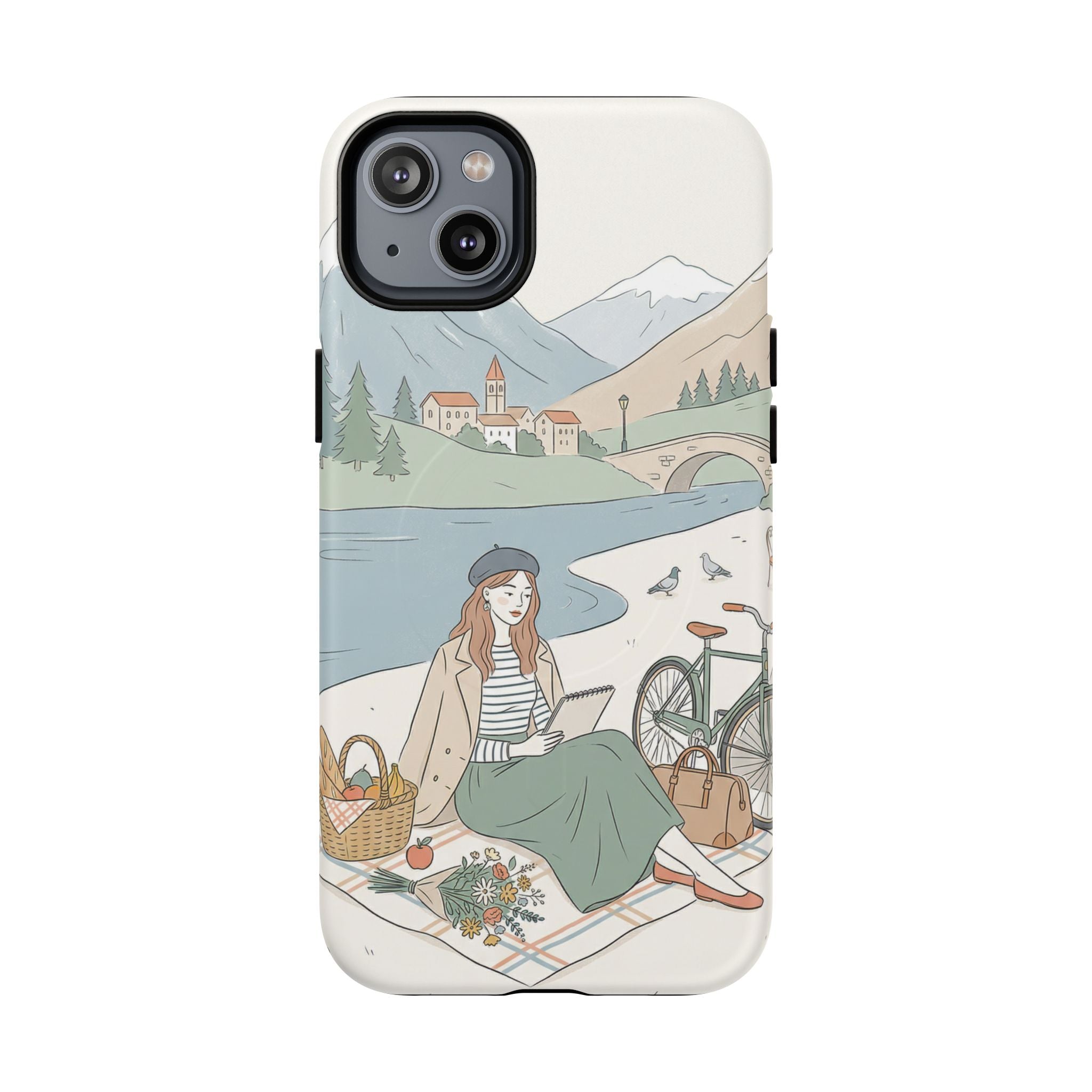 Scenic Picnic MagSafe iPhone Case | Vintage Bicycle & Mountain Illustration