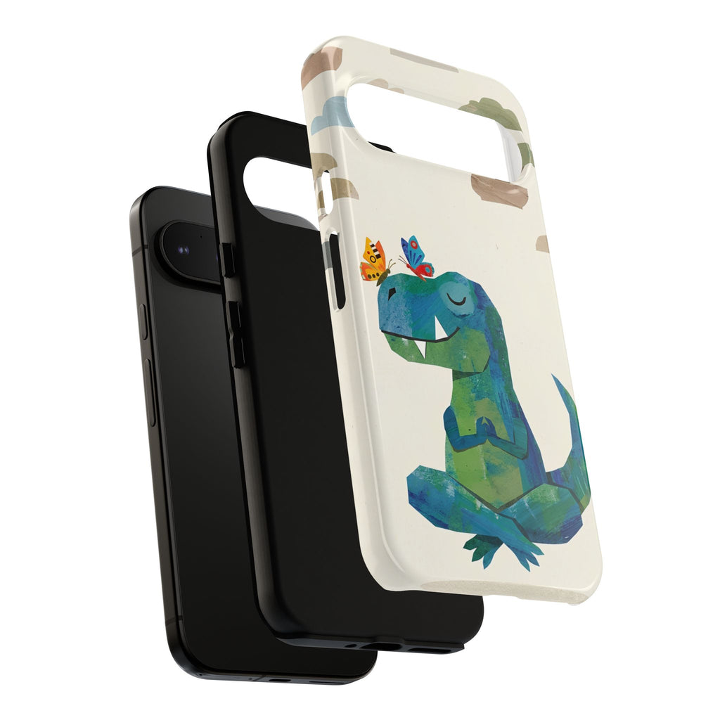 Meditating Dinosaur Google Pixel Phone Case | Cute T-Rex with Butterflies and Bonsai